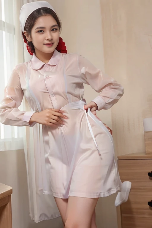 Young sweet beautiful Indonesian girl, 28 years old, slim body, georgeus face, beautiful small breasts, wearing white short hijab to covering all her hairs, a young doctor in a hospital, a shy and humble girl, wearing white very thin long sleeve doctor dress that covered to her chest and stomach, there is a red cross badge on her pocket, wearing see through lace sporty bra, no panty, there is a stetoscope on her chest, wearing white thin lace panty, wearing black woman shoes, realistic, very detail face, no cartoon, all good fingers have normal shape, normal legs shape, standing confidence at loby of the bogor city hospital in the sunny morning, sun shining to her body, nipples and breast are visible trough the clothes, sweat on all her skins, many sweat flowing on her redish face, enjoying her job, laughing cheerful, her nipples visible through her clothes, her vagina exposed casted clearly through her panty, back-side view, dense hairs under her stomach are visible,