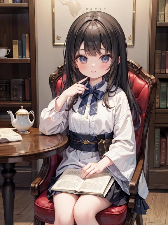 masterpiece, highest quality, Very detailed, 16k, Ultra-high resolution, Cowboy Shot, Detailed face, Perfect Fingers, A -yeld gi black eye, Black Hair, Wavy Hair, Luxurious Western-style building, Bookshelf, Table seating, Chair, Tea making facilities, Chairに座って本を読む