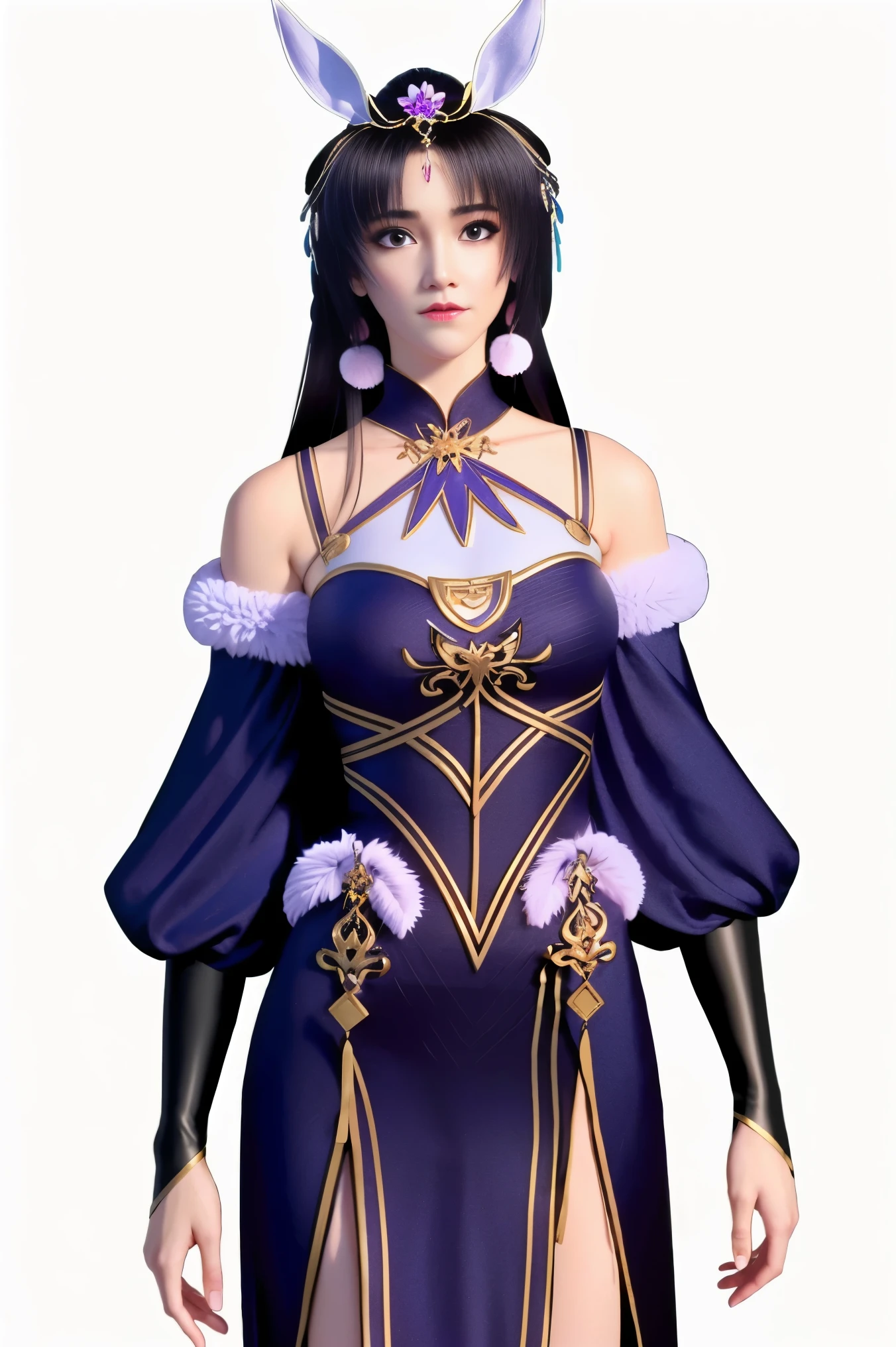 ((HRD, HUD, 8K)),((masterpiece, best quality)), highly detailed,1girl, solo, hair ornament, black hair, brown hair, long hair, blue eyes, facial mark, forehead mark,animal ears, rabbit ears,jewelry, earrings,dress, purple dress, bare shoulders,simple background, white background, upper body, standing, looking at viewer,