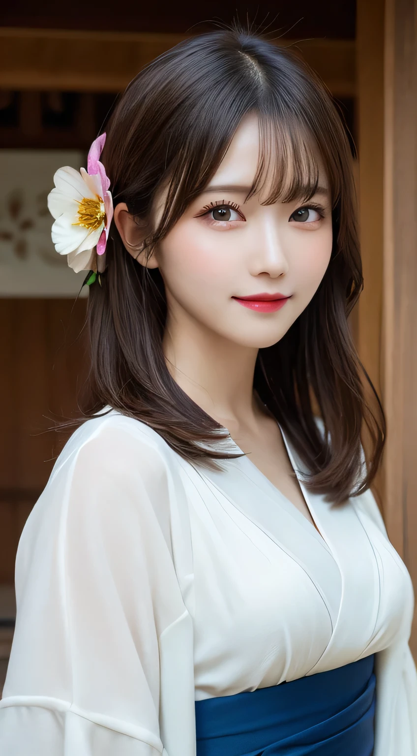 Tabletop, highest quality, shape, Very detailed, In detail, High resolution, 8k wallpaper, Perfect dynamic composition, Front Face，Beautiful details, kimono,Medium Hair, Center of chest, Natural color lip, Random sexy poses,smile,Asa Shrine，Flower Hair Ornaments，whole body，