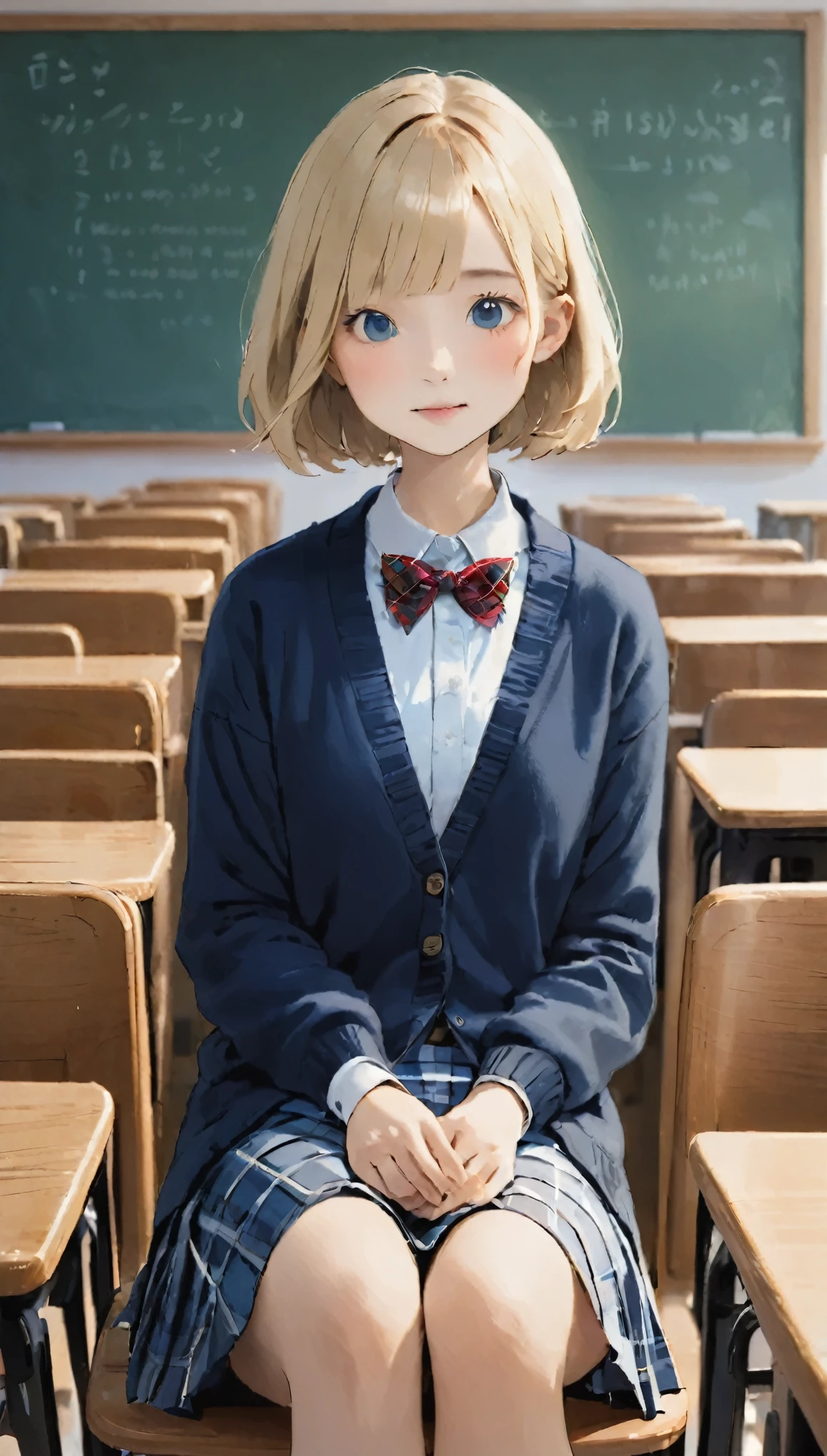 navy long sleeve cardigan:1.5、one person、日本の女子高born、solo、、Baby Face、Small Tits:1.5、Flat pie、Short Bob、赤いPlaidスカート、Plaid、Black knee socks、navy long sleeve cardigan:1.5、Red pleated skirt、A bow tie、Sitting in a chair、Short Bob、Navy Cardigan、Realistic scale、born、highest quality、Masseter muscle area、Perfect Anatomy、Correct human body、School classroom、A classroom with rows of desks、blackboard、Professional Photographer