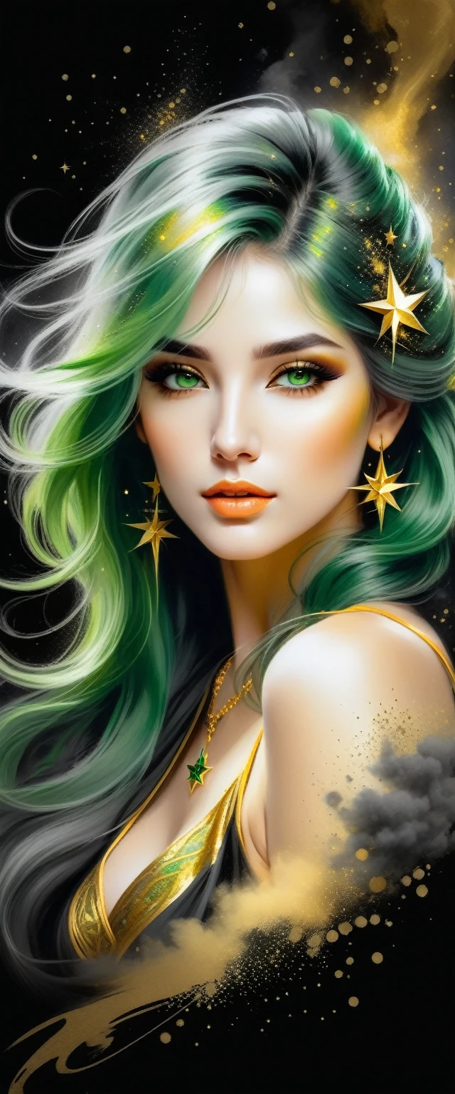 Gorgeous and hot Female face drawing with charcoal, long green hair, Pino Daeni style.
golden patterns, golden and black spirit, liquid gold explosion, golden smoke magic, star dust, golden milky way, (black background), magic fog, alcohol ink,