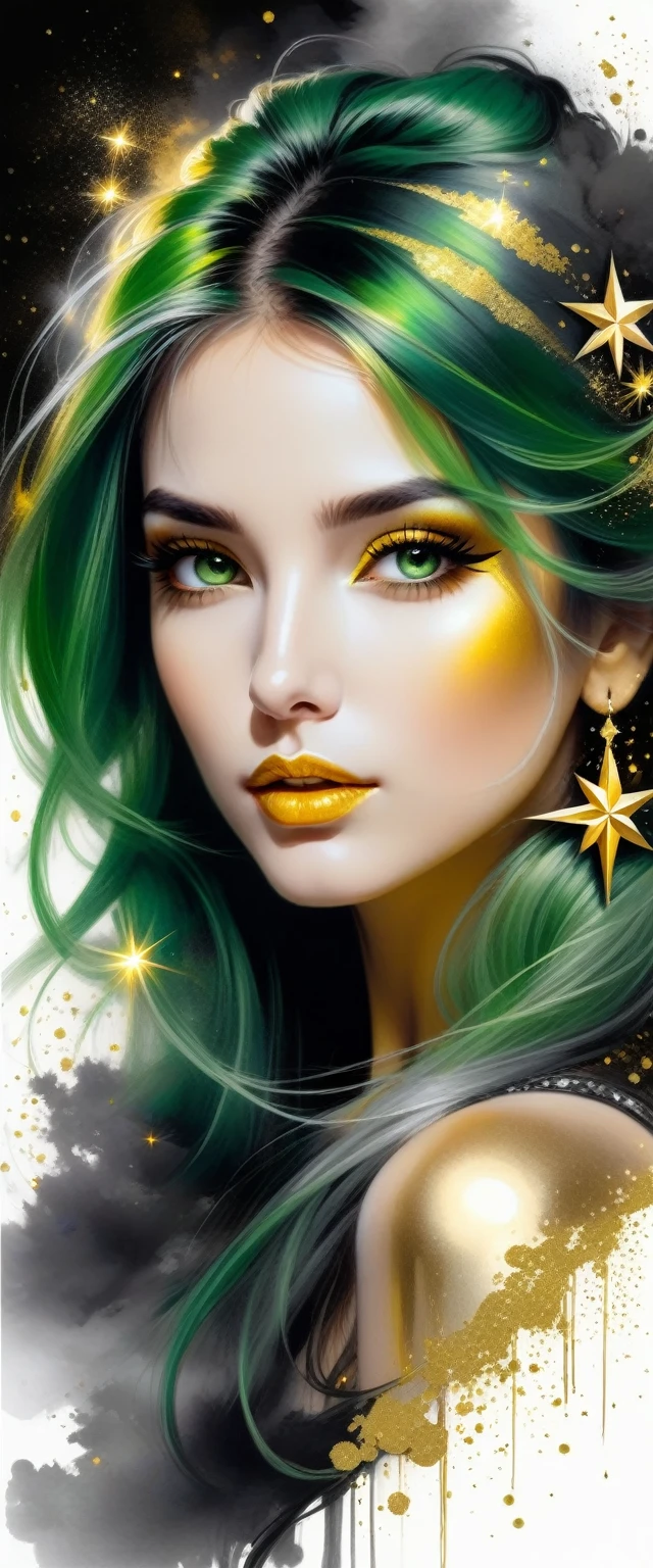 Gorgeous and hot Female face drawing with charcoal, long green hair, Pino Daeni style.
golden patterns, golden and black spirit, liquid gold explosion, golden smoke magic, star dust, golden milky way, (black background), magic fog, alcohol ink,