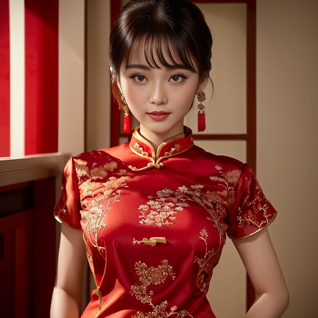 Close-up of woman in red dress posing for photo, Chinese dress, Cheongsam, wearing a red Cheongsam, Chinese style, traditional chinese, traditional chinese clothing, Chinese girl, Chinese woman, Chinese dress, with ancient Chinese clothes, Gorgeous Chinese model, cute woman, Wear beautiful clothes., traditional beauty, Wear gorgeous clothes.
