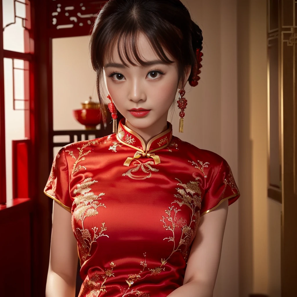 Close-up of woman in red dress posing for photo, Chinese dress, Cheongsam, wearing a red Cheongsam, Chinese style, traditional chinese, traditional chinese clothing, Chinese girl, Chinese woman, Chinese dress, with ancient Chinese clothes, Gorgeous Chinese model, cute woman, Wear beautiful clothes., traditional beauty, Wear gorgeous clothes.