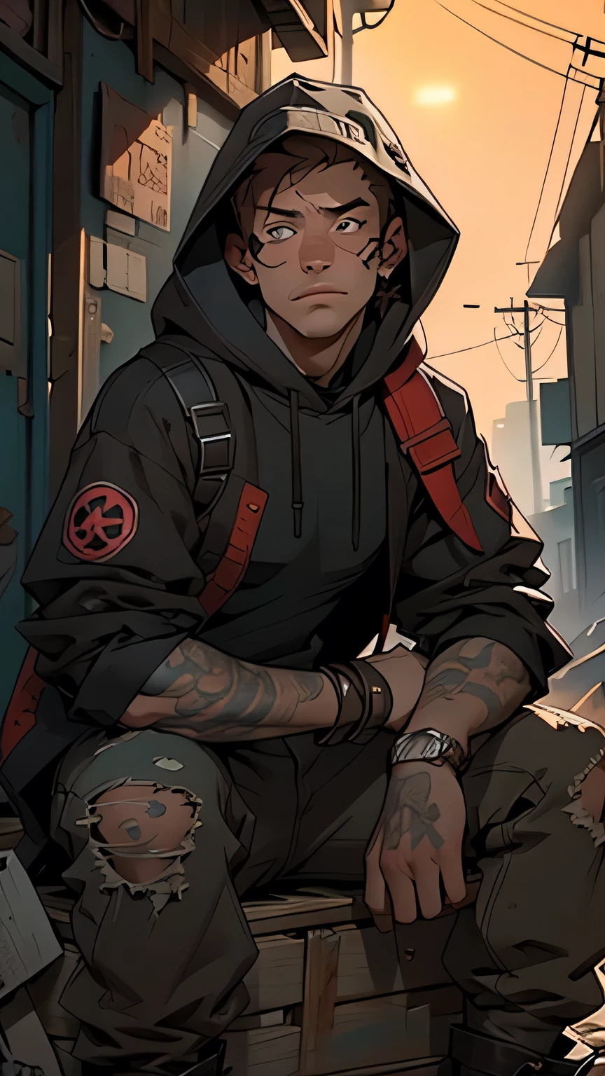 draw 26 year old male, soft manly features, long nose, brown eyes, looking away, sitting on a crate, black post apocalyptic clothes dirty, ripped clothes, baggy clothes, long face, hood over head, clothes has straps and gadgets, background is busy faded out settlement, nighttime, dusty, eyes are squint, large hood over head, cannot see hair, pale skin, no tattoos