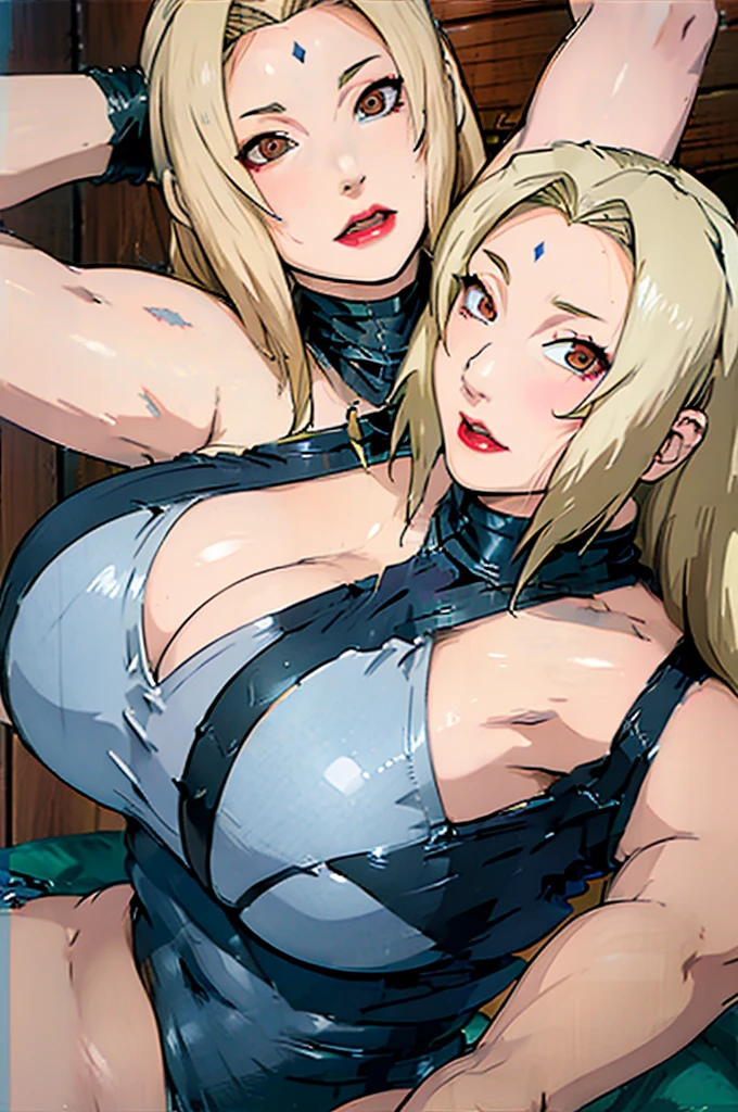 anatomical body, sexy fishnet bodysuit, silver hoops, thick thighs, curvy physique, wide hips and round ass, gigantic breasts larger than her head, blonde hair, perfect facial features, small waist, marked abdomen, Red lips, sweaty armpits, Matute. Milf, huge udders