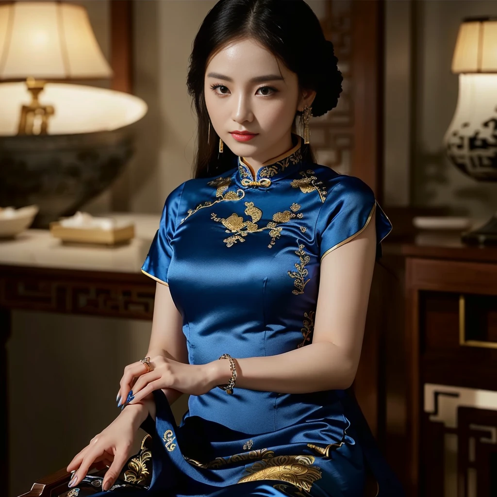 Close-up of a woman in a blue dress posing for a photo., Wear a blue cheongsam., Cheongsam, In a blue cheongsam, Chinese dress, traditional chinese clothing, traditional chinese, Chinese style, Chinese dress, with ancient Chinese clothes, Chinese woman, blue silk dress, with ancient Chinese aesthetics, Woman with glowing flower dress, Silk dress, luxurious and expensive, Hair pins, hair pins, bracelets, beautiful and luxurious, realistically,