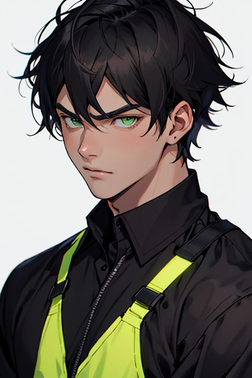 Make ONLY ONE 18 year old boy with serious face and slightly wider chin with black hair with DARK RED SKIN COLOR wearing a simple black shirt green eyes with yellow and BLACK CLOTHING