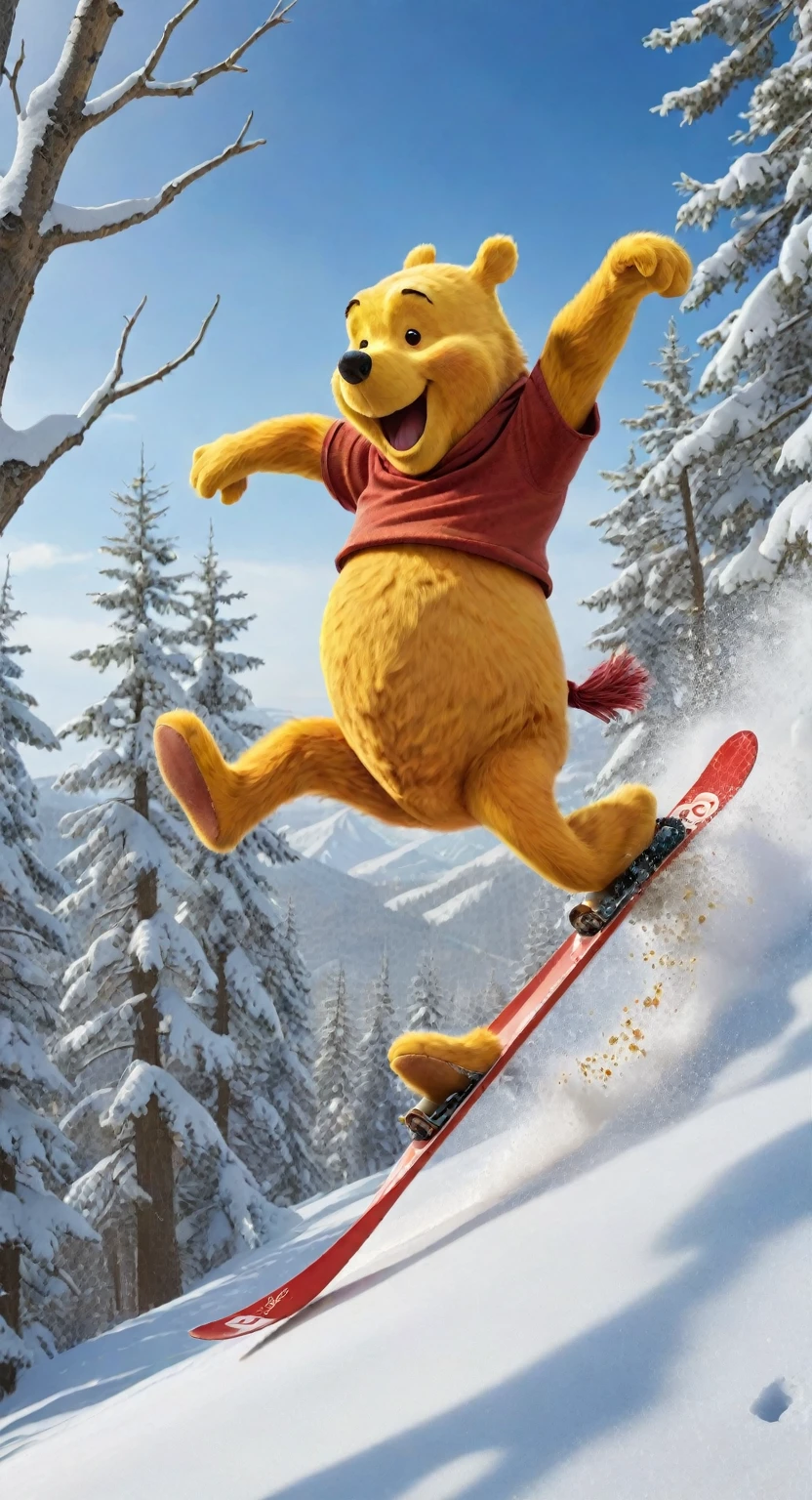 Prompt: Goofy, arms flailing wildly as he zooms down the snowy slope on his crazy skis, dodges low-hanging branches and leaping over moguls in hot pursuit of escaping the wrathful Winnie the Pooh. Pooh's face contorted in a furious snarl, eyes blazing with honey-fueled rage, chases after Goofy, abandoned honeycomb shards scattered behind like a trail of golden breadcrumbs.