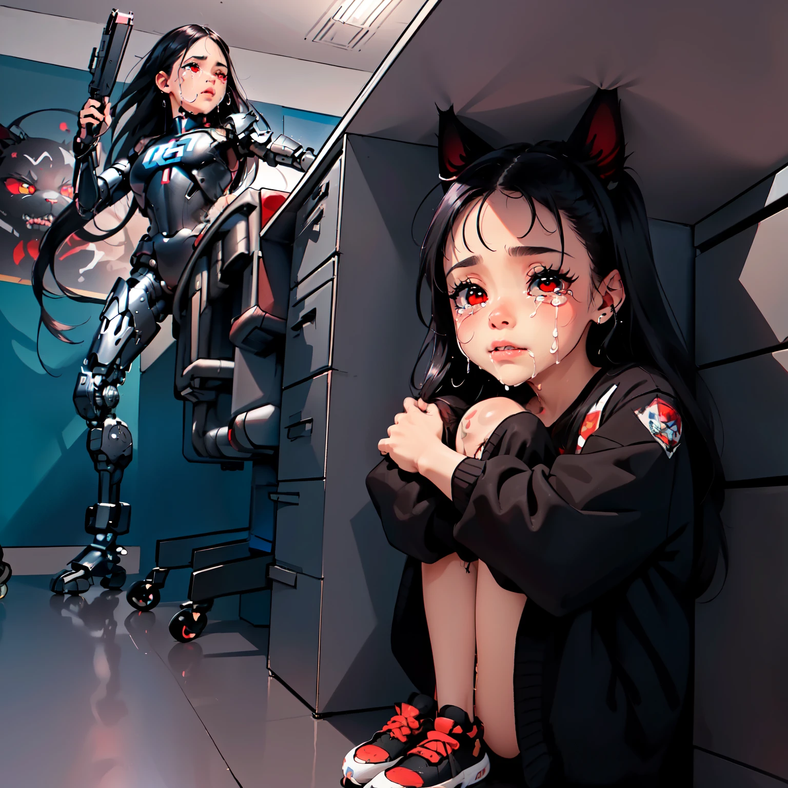 muy detallado, Alta calidad, obra maestra, Hermoso, (HidingFromTerminator), Terminator robot con un arma buscando a una (1 girl 20 years old junkotvv long black hair, orejas de gato, ojos rojos sitting, under table, crying),