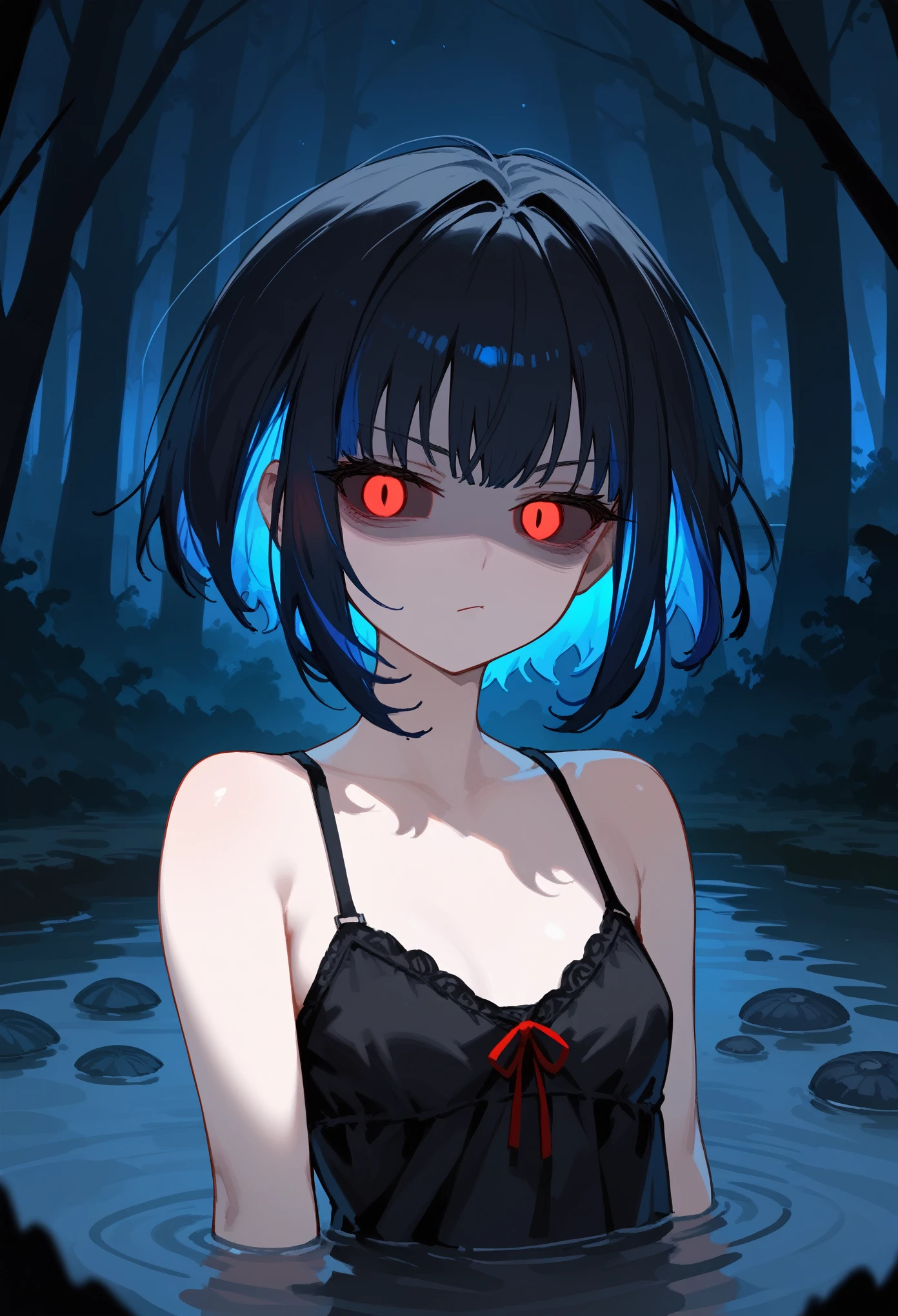 style_3, 1girl, solo, red eyes, black sclera, short hair, black hair, colored inner hair, blue hair, sidelocks, black chemise dress, bare shoulders, arms on sides, upper body, looking at viewer, narrowed eyes, serious, shaded face, bags under eyes, glowing eyes, small breasts, river, partially submerged, forest, night, terror scenery, terror black monsters around, facing to the right, masterpiece, score_9, score_8_up, score_7_up