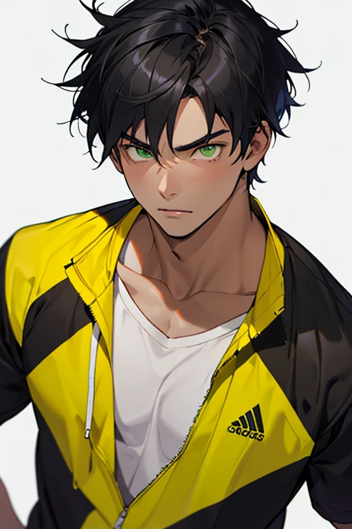 Make ONLY ONE 18 year old boy with serious face and slightly wider chin with black hair with DARK RED SKIN COLOR wearing a simple black shirt green eyes with yellow and BLACK CLOTHING