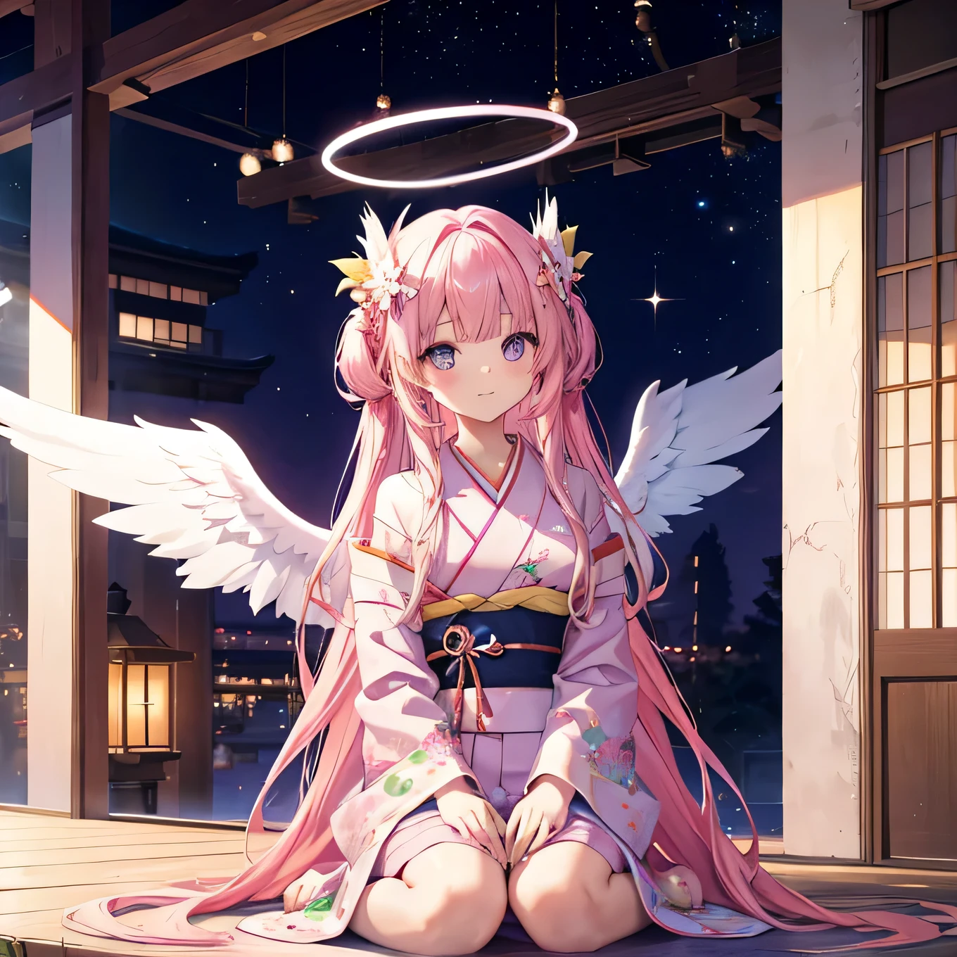 sixteen year old girl，Pink long hair，kimono，Halo，，Angel Wings，whole body