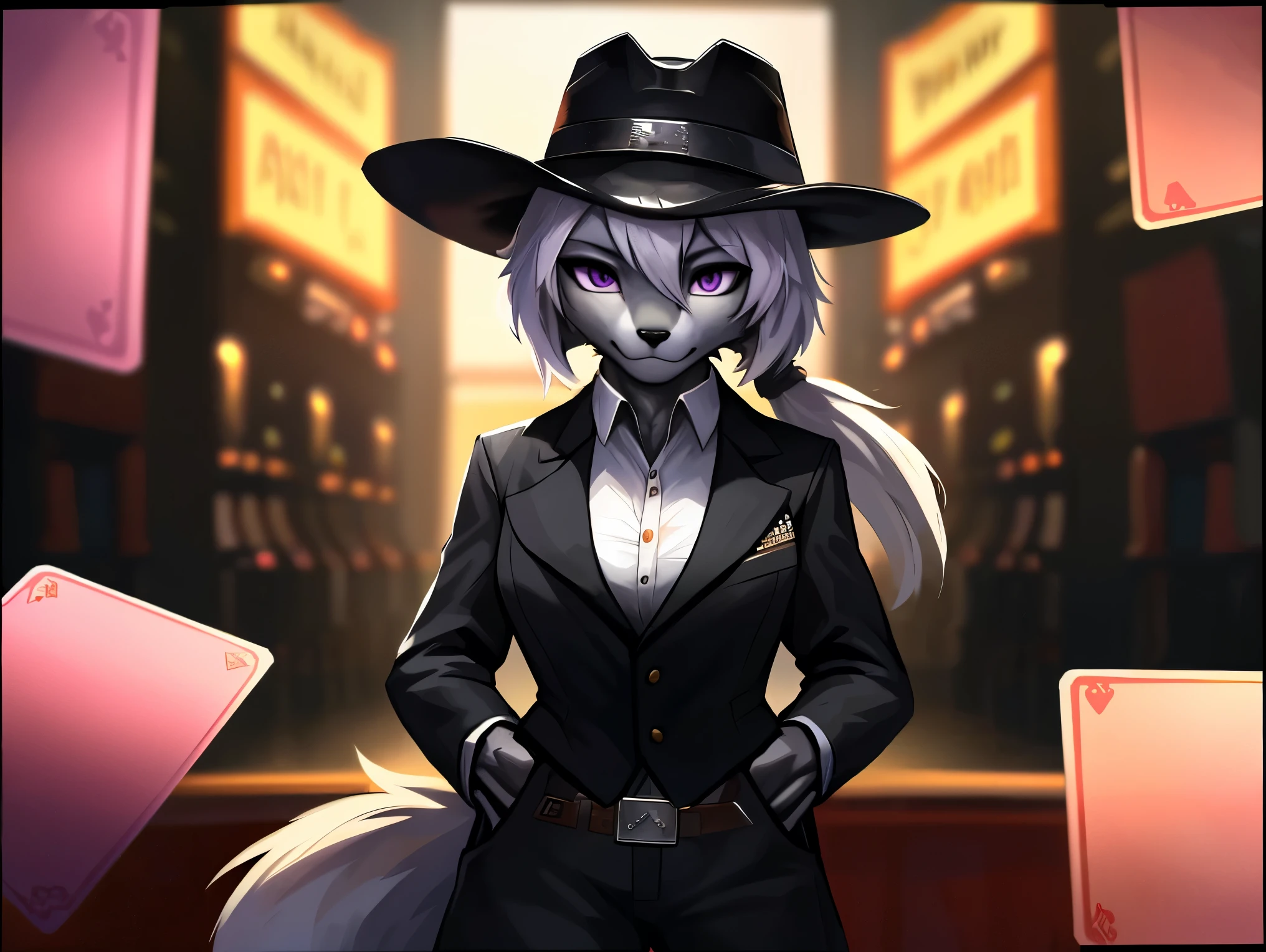 fox, female, solo, white hair, ponytail, ((grey fur)), (purple eyes), breasts, ((black gambler clothes)), (((large cowboy hat))), (((black cowboy hat))), purple handkerchief, card background, card frame, casino background, hands in pockets, Very good figure, best quality, highres, 16k, Natural soft light, Tyndall effect, Advanced film lighting, Unreal Engine5, Extremely realistic, A high resolution, perfect masterpiece, high quality, high resolution