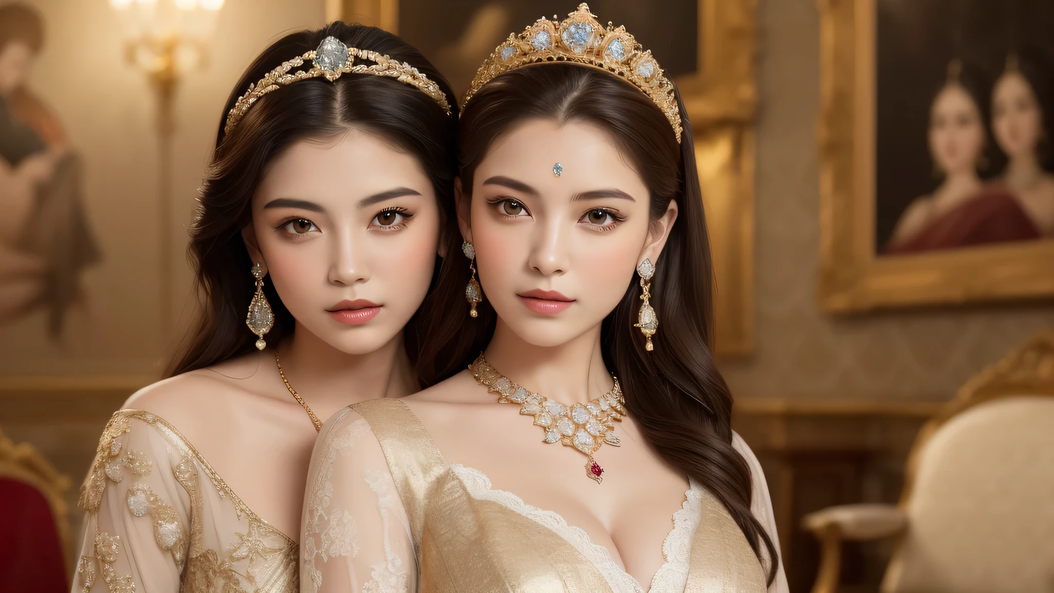 (2girl), blonde hair, (Super gorgeous lace costume, princess style:1.4), (cleavage:1.2), (best Quality:1.4), (earrings, necklace), Ultra High Definition, Superior Quality, Premier Quality, ultra detailed, Photorealistic, 8k, RAW Photos, highest quality, masterpiece, professional photography, Realistic portrait, Beautiful detailed, standing, Indoor, (royal living room, opulence, splendor, gorgeous, wall paintings of women, jewels, gold, exquisite:1.4), Close up portrait of girl, staring at me, (Fine face:1.2), 