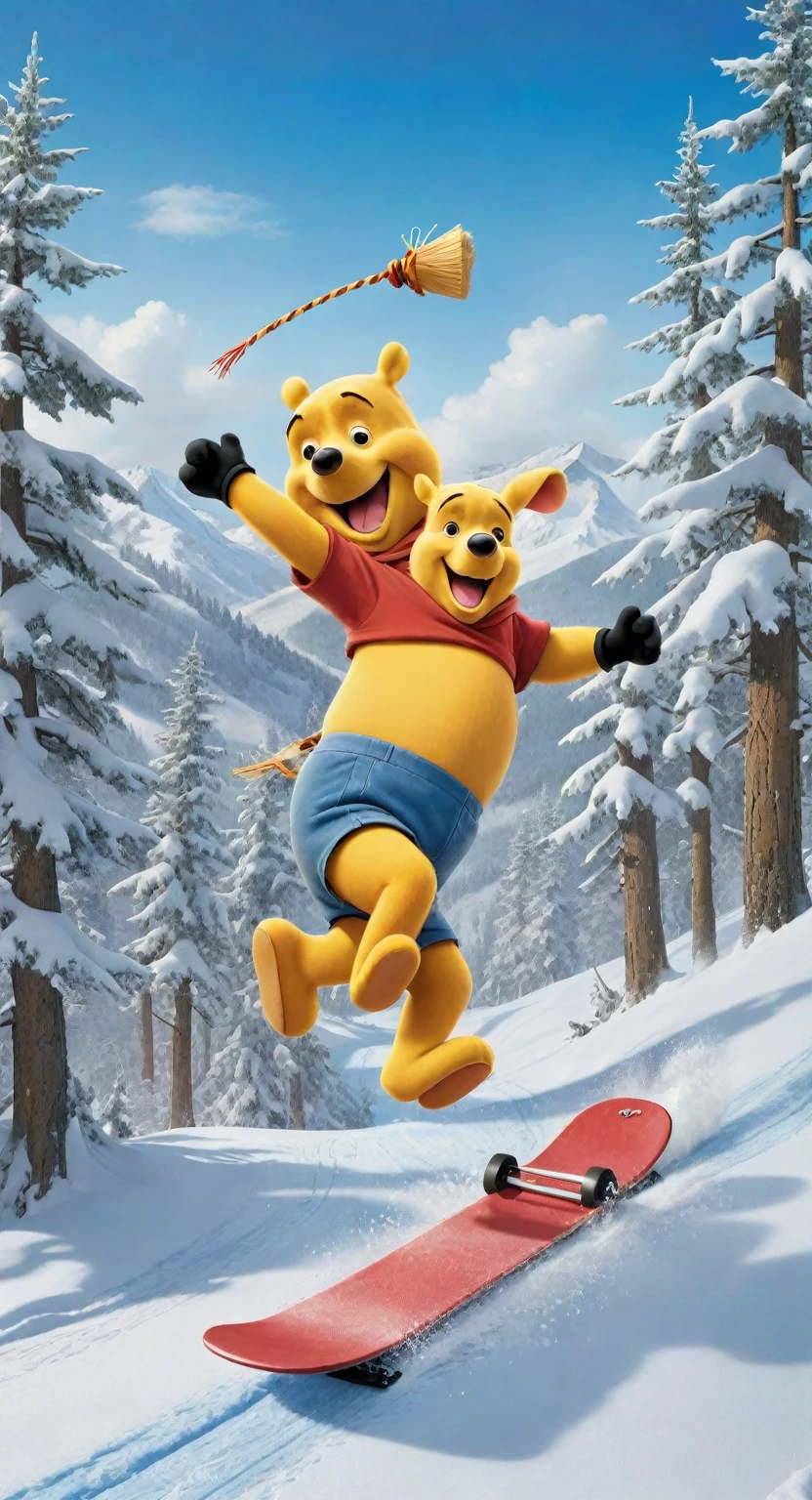 A chaotic winter wonderland scene unfolds as Goofy, a crazy skier, zooms down the snowy hill on his makeshift board. In hot pursuit is Winnie the Pooh, his usual calm demeanor replaced with a frenzied expression and flailing limbs, driven mad by the shattered remains of his treasured honey barrel lying in the distance.