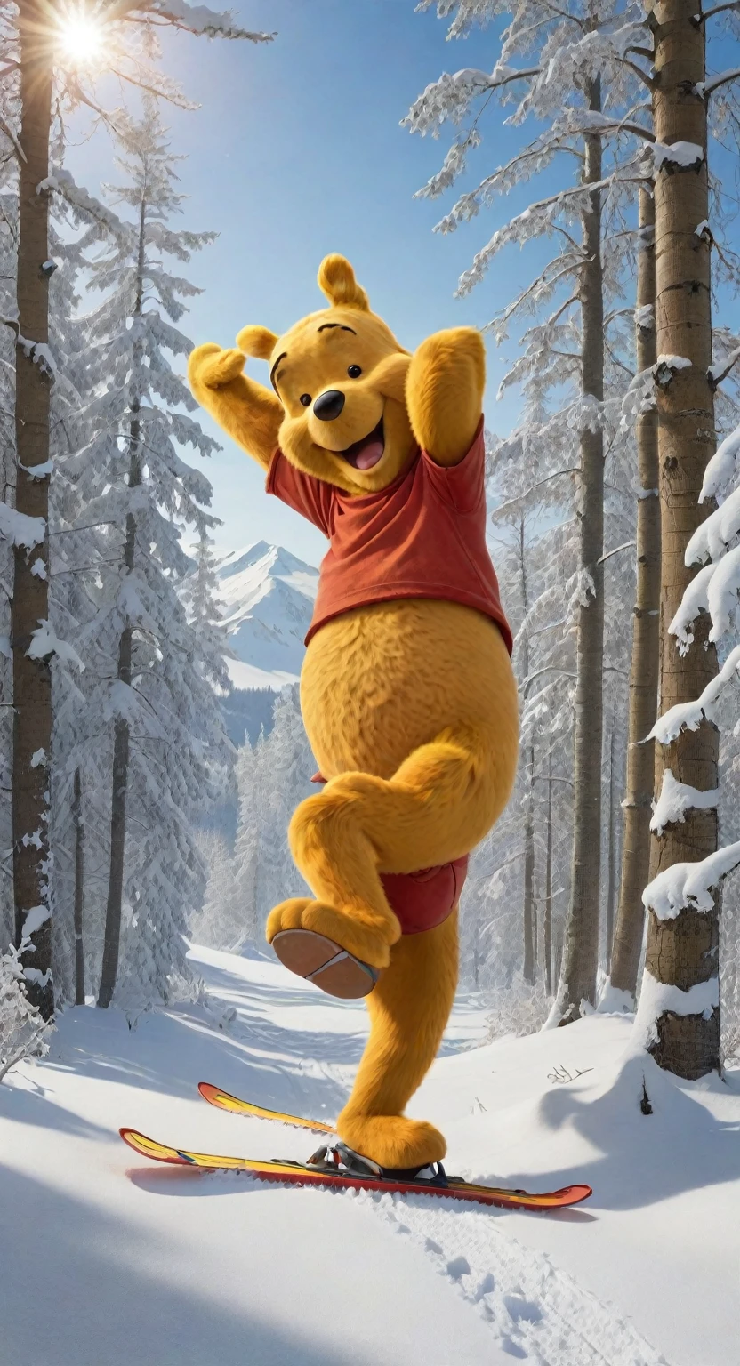 A chaotic winter scene unfolds as Goofy, donning a bright orange jumpsuit and ski goggles, frantically skis away from an enraged Winnie the Pooh, his usually gentle face now twisted in a furious scowl. Pooh's iconic red shirt is stained with honey as he chases after Goofy, his arms wildly flailing like a madman. The sun casts long shadows across the snow-covered slopes, highlighting the comedic mayhem.