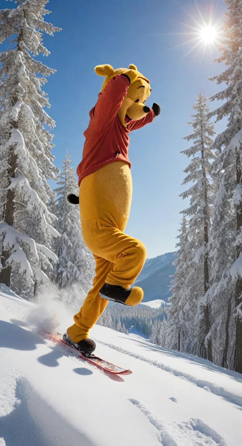 A chaotic winter scene unfolds as Goofy, donning a bright orange jumpsuit and ski goggles, frantically skis away from an enraged Winnie the Pooh, his usually gentle face now twisted in a furious scowl. Pooh's iconic red shirt is stained with honey as he chases after Goofy, his arms wildly flailing like a madman. The sun casts long shadows across the snow-covered slopes, highlighting the comedic mayhem.