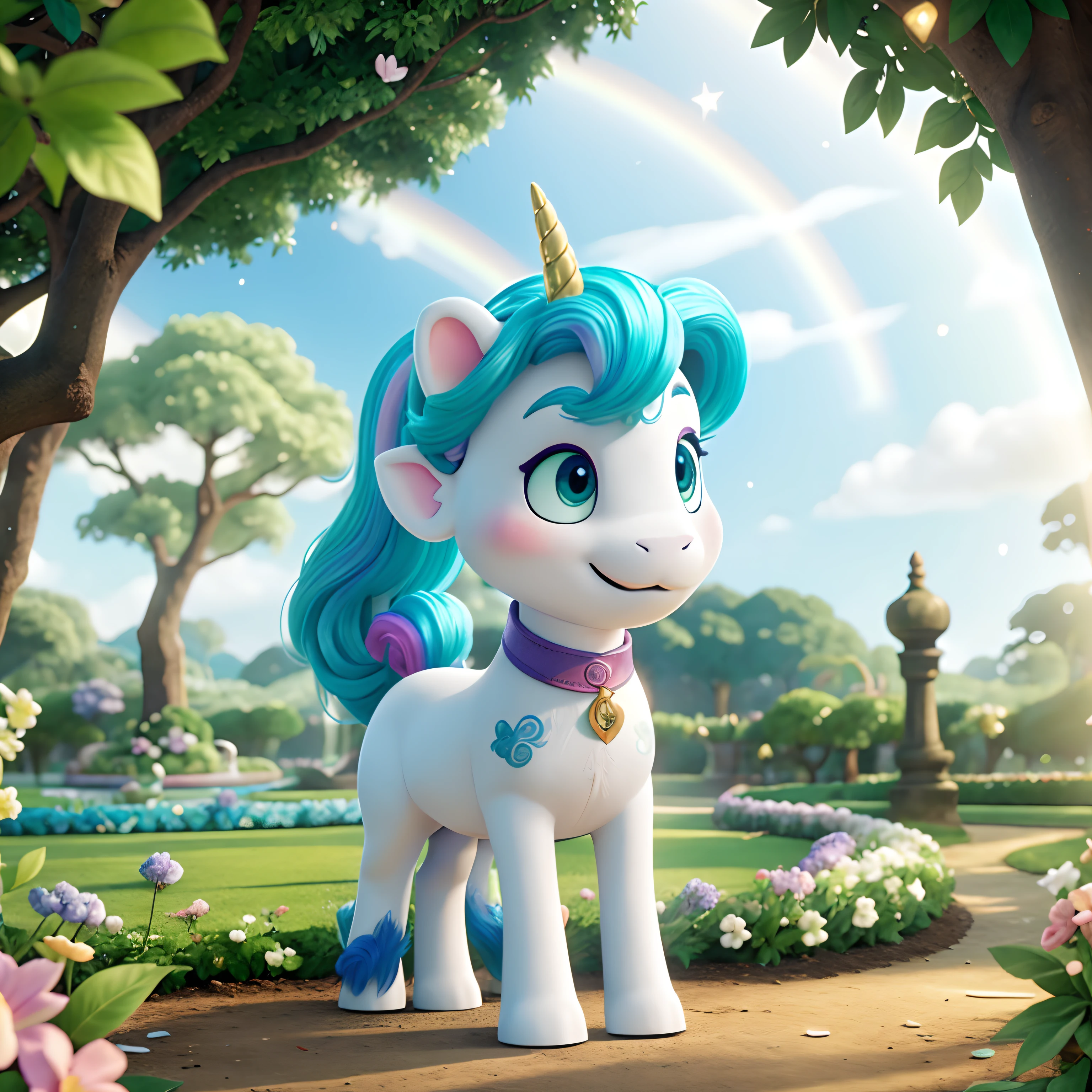 Enchanted garden with a beautiful white unicorn with beautiful rainbow hair., ojos grandes y lindos, mejor calidad, alta calidad