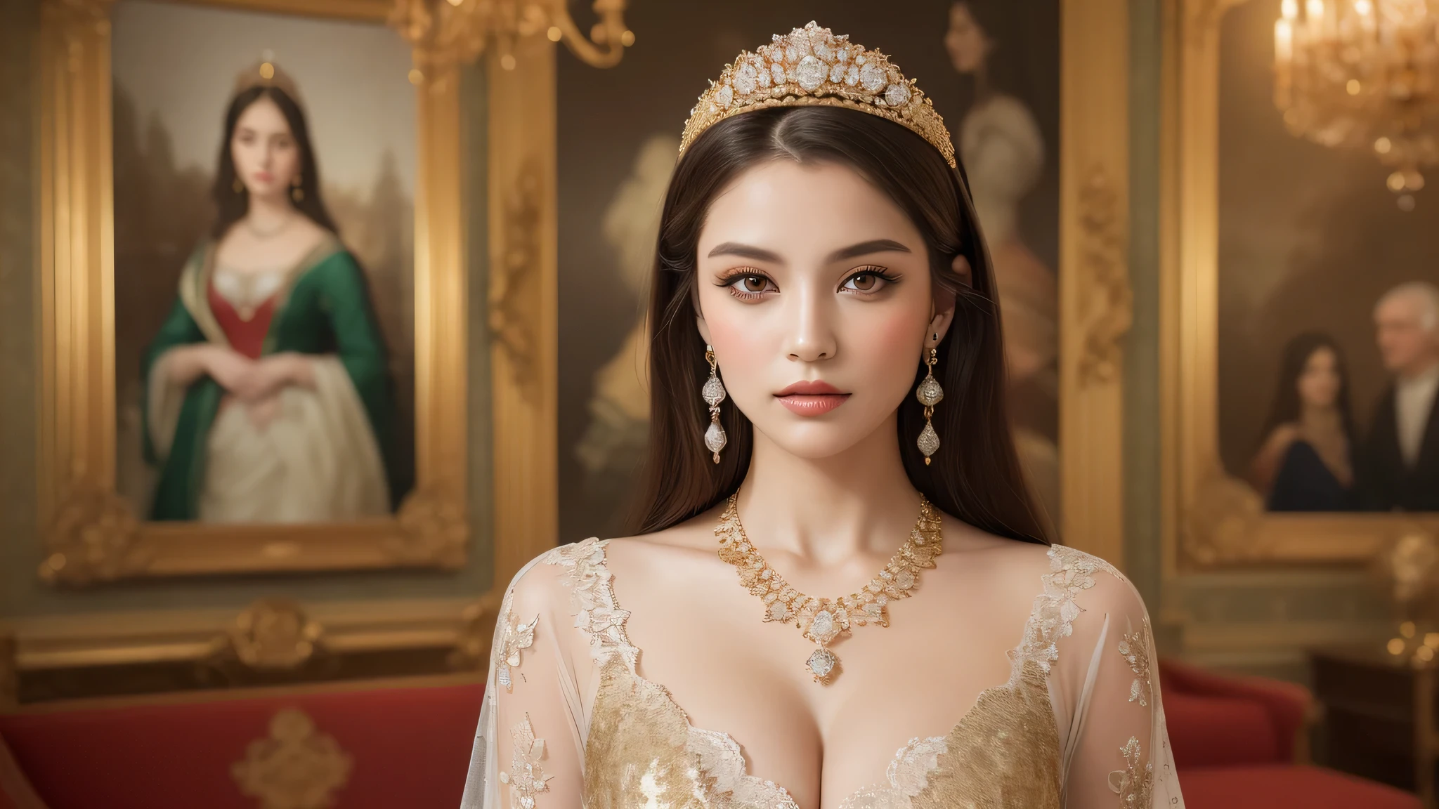 (2girl), blonde hair, (Super gorgeous lace costume, princess style:1.4), (cleavage:1.2), (best Quality:1.4), (earrings, necklace), Ultra High Definition, Superior Quality, Premier Quality, ultra detailed, Photorealistic, 8k, RAW Photos, highest quality, masterpiece, professional photography, Realistic portrait, Beautiful detailed, standing, Indoor, (royal living room, opulence, splendor, gorgeous, wall paintings of women, jewels, gold, exquisite:1.4), Close up portrait of girl, staring at me, (Fine face:1.2),