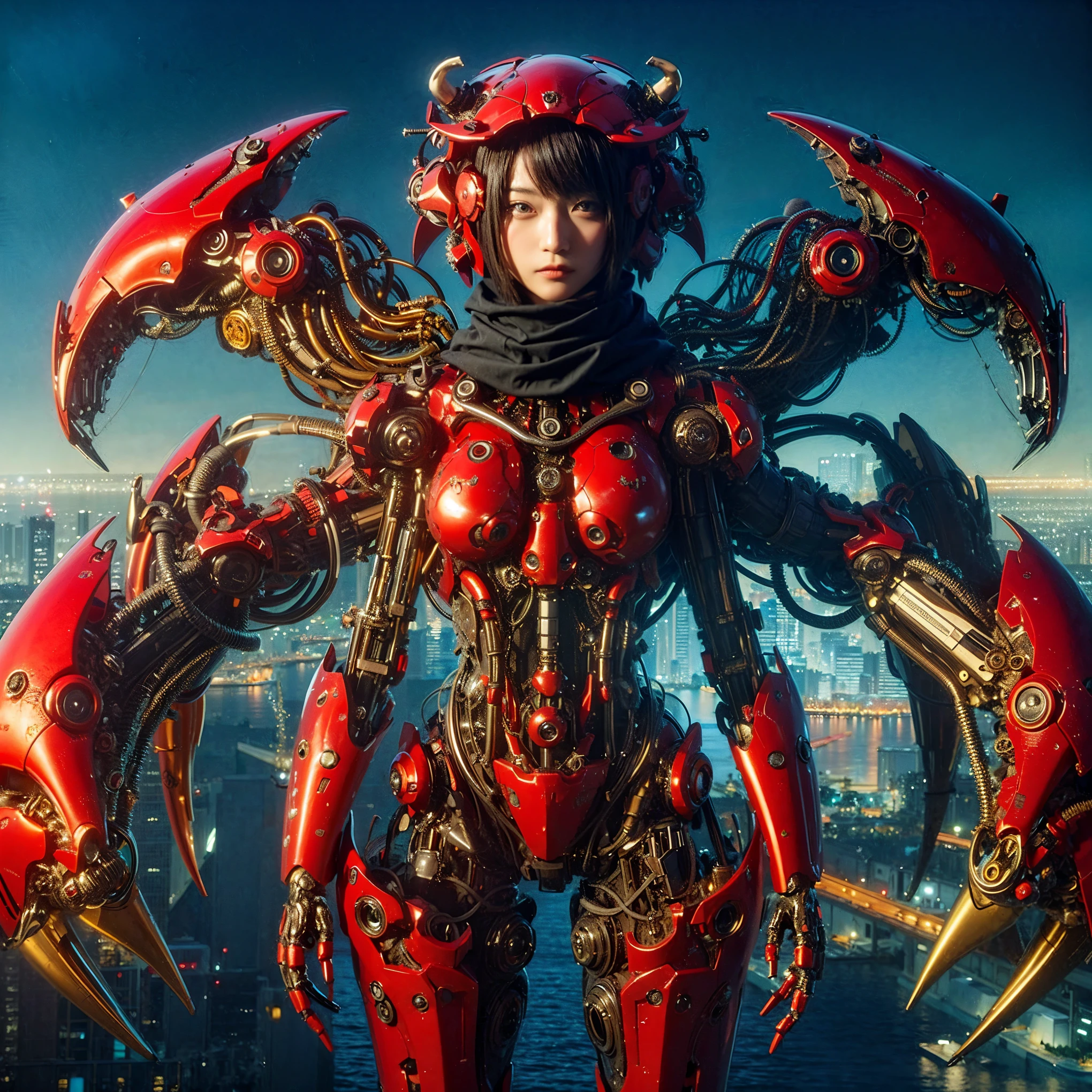 Masterpiece, (best quality:1.2), 8k, Japanese woman in alien-type powered suit, biological tissue base with bronze and gold accent, (extremely cute face), (mechanical bat wings), hydraulic cylinder, power pipe, muscle fiber, ultimately intricate all details, full body shot, (ultimately photo Realistic:1.37), dystopia with a beautiful view at night, (biological:1.2), (biopunk:1.3), Full body photo, Wide-angle, Please generate at least 4 photos.