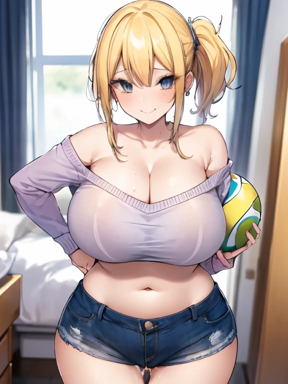 {{{masterpiece}}}, {{{highest quality}}}, {{Very detailed}}, {shape},(highest quality:1.3), Blonde girl with ponytail gives titjob, throw, 1 boy, Penis between breasts, My chest feels tight, Wet penis , Cleavage, Bedroom, storehouse, Sweaty, Big Breasts, Moving lines, Mischievous Smile, belly button, Play sports often,Secretion of milk,milk,get wet,Sweaty,Off-the-shoulder sweater,Cleavage,Denim shorts,