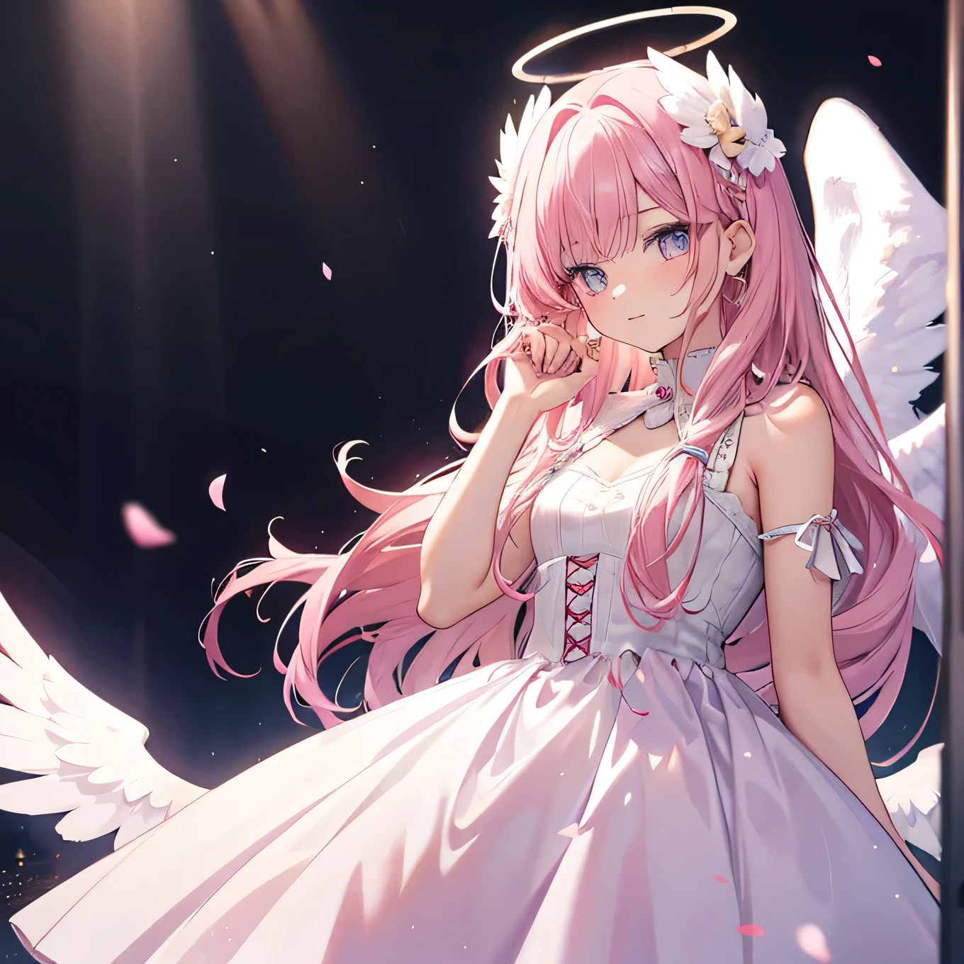 sixteen year old girl,Pink long hair,Dress dress,Halo,,Angel Wings,whole body