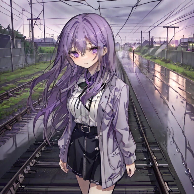 1 girl、Purple Hair、Long Hair、Purple Eyes、Sharp Eyes、Mature、Sad face、Ample breasts、Walking along the railroad tracks、It rains、Lead-colored sky、Give up、sad、
