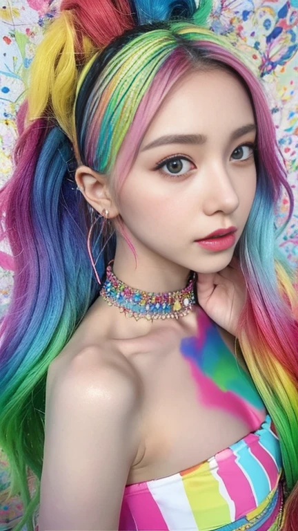 ((Large Breasts:1.2)),(Pink Fashion T-Shirt:1.9),(colorful hair:1.8),(All the colors of the rainbow:1.8),((((Portrait:1.6))),(da pintura:1.6),frontage,Comic Strip,Awareness-raisingn,da pintura,Large Eyes,Crystal Clear,(Rainbow gradient high ponytail:1.7),Delicate Makeup,Keep your mouth shut,(Small Fresh:1.5),(Bandeau:1.6),Long eyelashes,White Shoulder T-shirt, White shoulder shirt,View your viewers,Watery eye,Medium sized breasts,Do not expose cleavage,(Rainbow Hair:1.6), Splashes of color, (alone:1.8), Splashes of color, An explosion of colors, Color Splash, An explosion of colors, 厚漆Wind,Messy Lines,((The Shining)) ,(colorful), (colorful), (colorful), colorful, Thick paint Style, (splash) (Splashes of color), Portrait, Upper Body, Paint splashes, Acrylic Pigments, Slope, paint, Best image quality, Best image quality, masterpiece, alone, Depth of written boundary, フェイスpaint, colorful clothes, (grace: 1.2), Gorgeous, 長いWhite Hair, Wind, (grace: 1.3), (petal: 1.4),(((masterpiece))),(((The best quality at its best))),((Super detailed)),(Awareness-raising),(Dynamic Angle),((Floating King)),(paintwork),((Hair loss)),(alone),(One girl) , (( (Detailed anima face))),((Beautifully detailed face)),first round,Exposed bare shoulders,White Hair,((hair color)),((Striped Hair)),Beautiful fine details,(Slope color eyes),(( (Colored eyes))),(((Colored Background))),(((High saturation))),(((colorfulな水しぶきに囲まれた))),