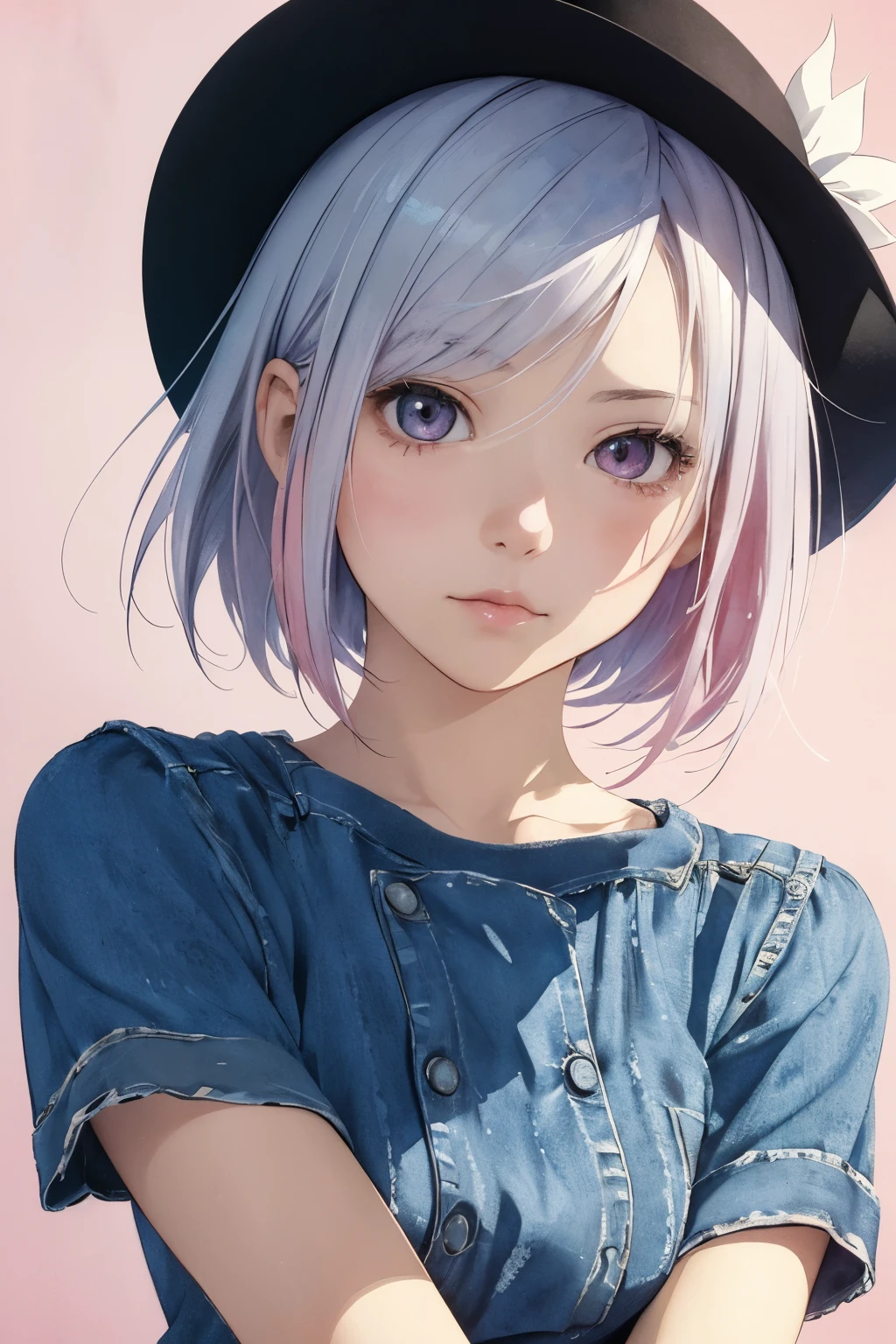 ((best quality)), ((masterpiece)), Cowboy shooting、Kawaii girl, Exaggerated glowing eyes, Watercolor ink style rendering,Simple and beautiful touch, Comic book style design, , Mostly calm blues and bright pinks,,,Silver hair,Pink hair tips,Super Short Bob, Cute short hair style, The perfect combination of girl comics and Harajuku fashion in clothing details, Express femininity and innocence with subtle facial features, Upper body close-up, Calm and vivid watercolor background, Digital vector graphics,(((Background blur,Nothing to see:1.3)))