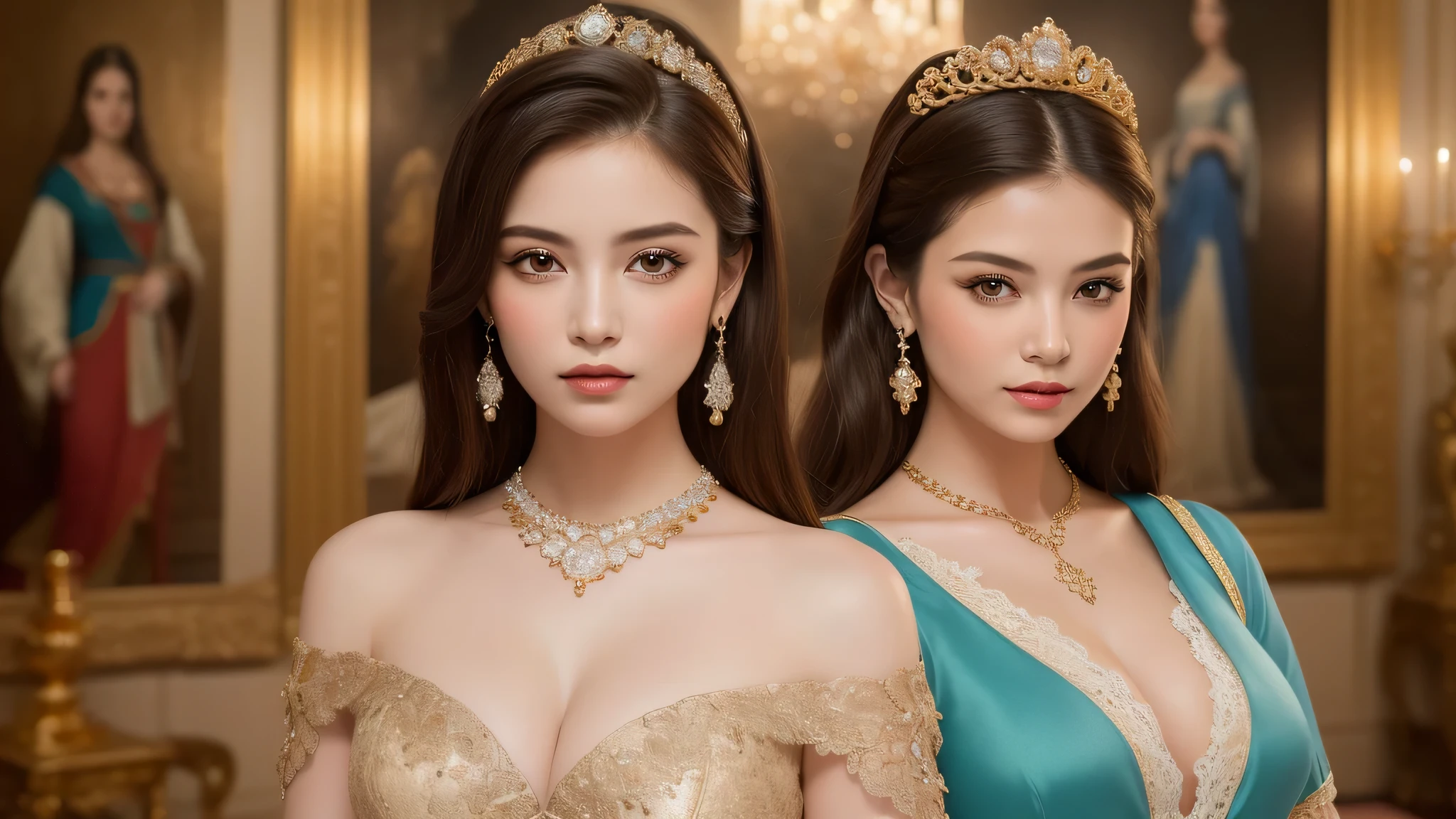 (2girl), blonde hair, (Super gorgeous lace costume, princess style:1.4), (cleavage:1.3), (best Quality:1.4), (earrings, necklace), Ultra High Definition, Superior Quality, Premier Quality, ultra detailed, Photorealistic, 8k, RAW Photos, highest quality, masterpiece, professional photography, Realistic portrait, Beautiful detailed, standing, Indoor, (royal living room, opulence, splendor, gorgeous, wall paintings of women, jewels, gold, exquisite:1.4), Close up portrait of girl, staring at me, (Fine face:1.2), 