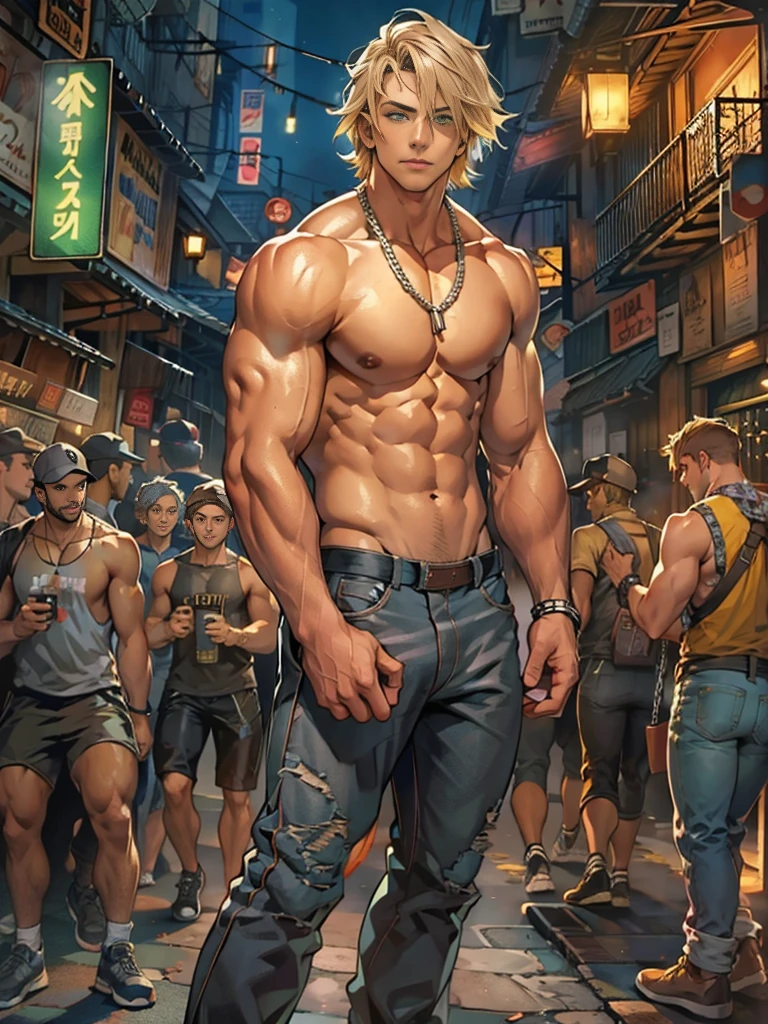 Young man, short blond hair, handsome face, tired expression, green eyes, large muscles, hyper pectoral, thick thigh, large butt. He's wearing a low-cut tank top, black pants, a backwards hat, and a silver chain around his neck, Big bulge. Scenery, party at night.