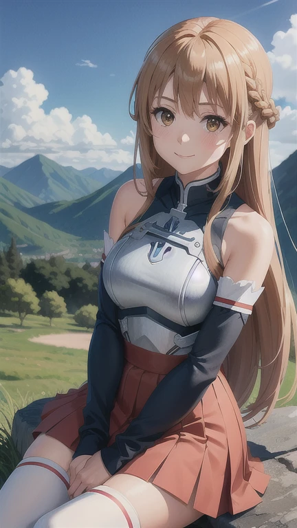 1girl, asuna_\(sao\), bangs, bare_shoulders, blue_sky, blush, boots, braid, breastplate, breasts, brown_eyes, closed_mouth, cloud, cloudy_sky, day, detached_sleeves, grass, hair_between_eyes, long_hair, looking_at_viewer, mountain, outdoors, rock, sitting, skirt, sky, smile, solo, thighhighs, very_long_hair