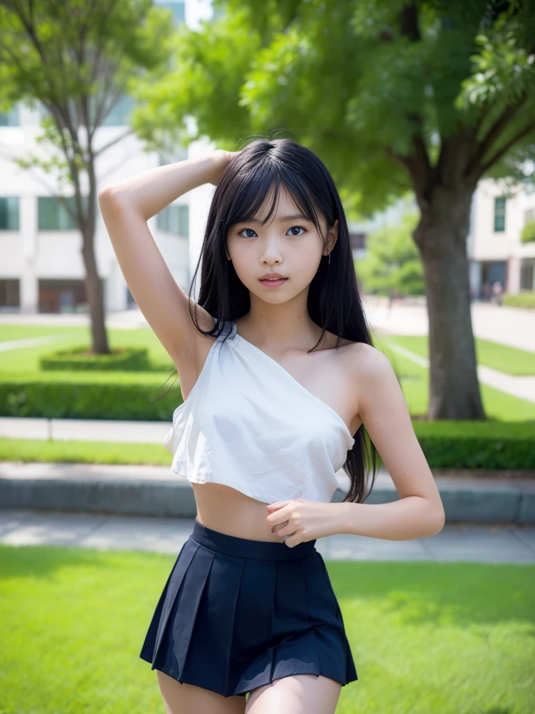 (masterpiece, highest quality:1.4), Award-winning portraits, 8k, 85mm, alone, Beautiful Face, Delicate girl,  (Cheerleader、On the grass), Sophisticated, cute, 15 years old, RAW Photos, Confused, High resolution, Sharp focus, Background Blur、(((flat  、thin and delicate body、Childish atmosphere)))、shiny semi-long hair、Mole on the left cheek、 Dark blue eyes、the skirt is swaying in the wind、Hair swaying in the wind、sexy、flexible legs、naked