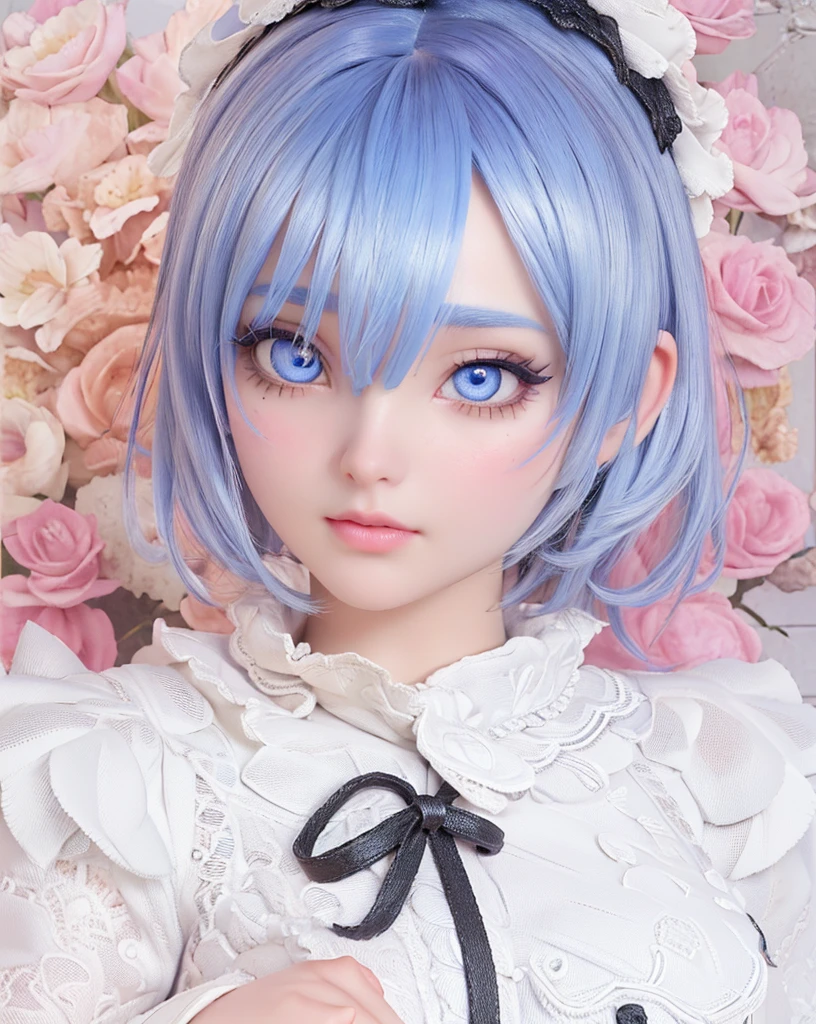 Personagem rem, cabelos azui curto, pele clara, olhos azuis, uniforme de empregada, 1girl, beautiful detailed eyes, beautiful detailed lips, extremely detailed face and eyes, long eyelashes, maid uniform, short blue hair, pale skin, blue eyes, elegant, standing pose, (best quality, 4k, 8k, highres, masterpiece:1.2), ultra-detailed, (realistic, photorealistic, photo-realistic:1.37), intricate details, highly detailed, digital painting, 3D rendering, cinematic lighting, warm color tones, soft focus