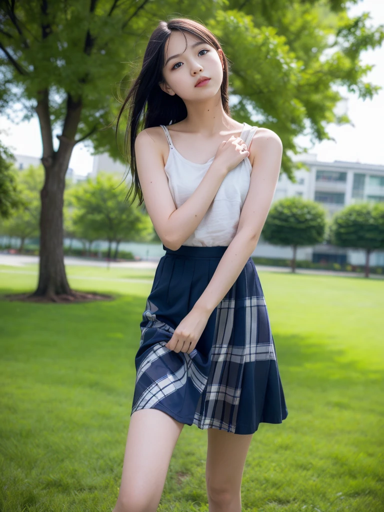 (masterpiece, highest quality:1.4), Award-winning portraits, 8k, 85mm, alone, Beautiful Face, Delicate girl, (Cheerleader、On the grass), Sophisticated, cute, 15 years old, RAW Photos, Confused, High resolution, Sharp focus, Background Blur、(((flat 、thin and delicate body、Childish atmosphere)))、shiny semi-long hair、Mole on the left cheek、 Dark blue eyes、the skirt is swaying in the wind、Hair swaying in the wind、sexy、flexible legs、naked