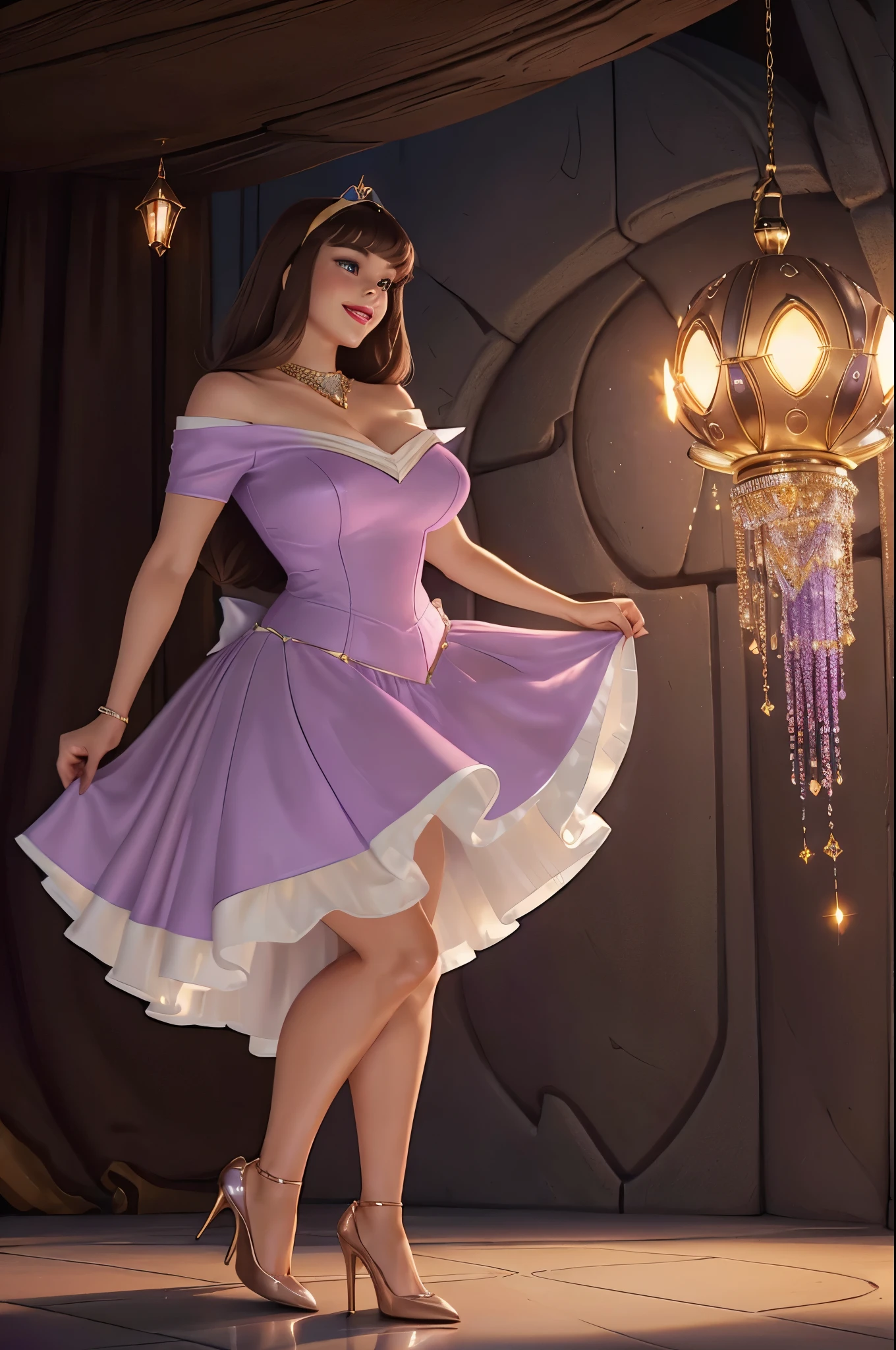 DisneyAurora 27 years old, ((( Selena Gomez:Emma Stone:0.7))) Beautiful woman (((shoulder length light brown hair))) (bangs:1.2) ((sparkling bejeweled short sleeve long lilac dress with matching high heels)) defined body, Red lipstick, smiling, hands free, standing, on a space station overlooking Earth, (huge_breasts:1.4) (curvy:1.2)(chubby:1.2)