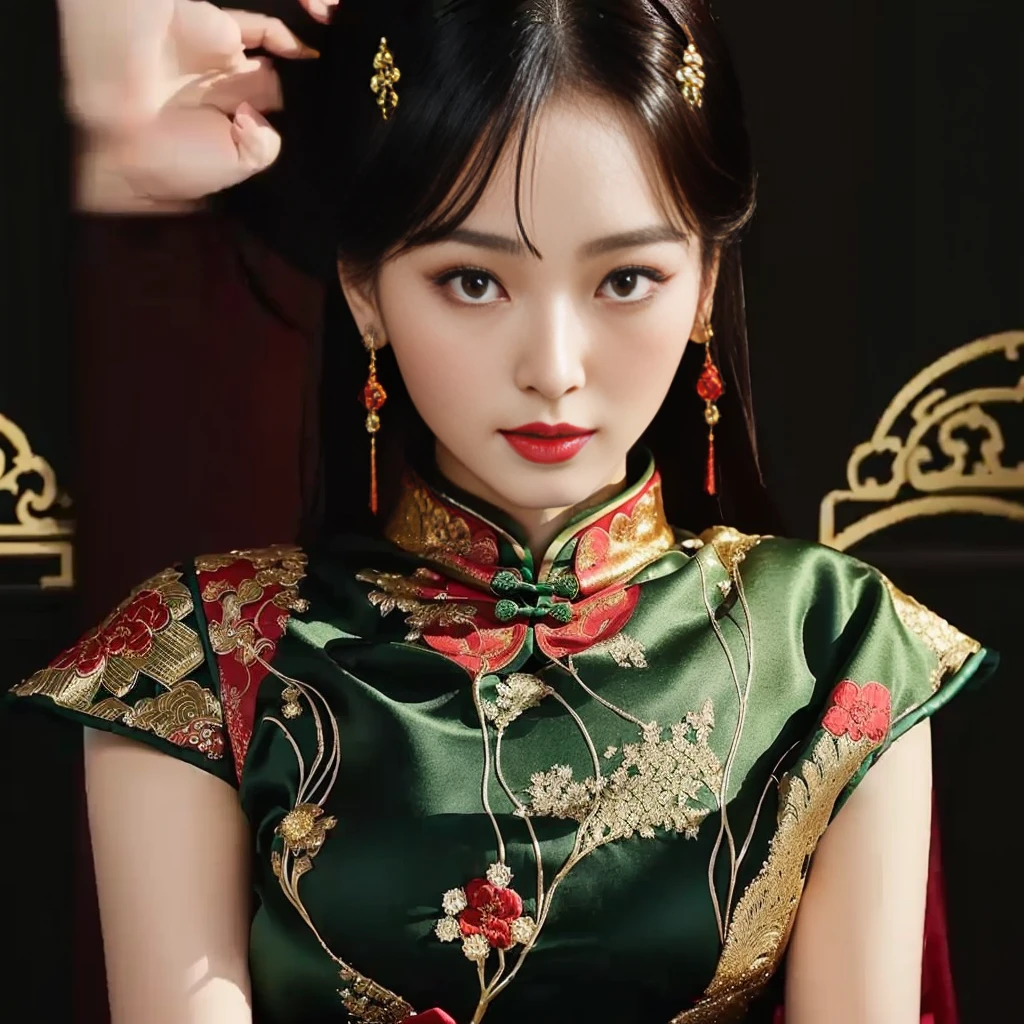 Aarav woman in red dress, Dark Green,  Good quality, expensive silk,) sitting on a chair, Cheongsam, Chinese dress, traditional chinese, Chinese style, traditional chinese clothing, Chinese woman, Chinese girl, Chinese dress, Wear beautiful clothes., with ancient Chinese aesthetics, with ancient Chinese clothes, Detailed dress and facial features, Wear a luxurious silk dress., elegant japanese woman, Wear gorgeous clothes., traditional beauty