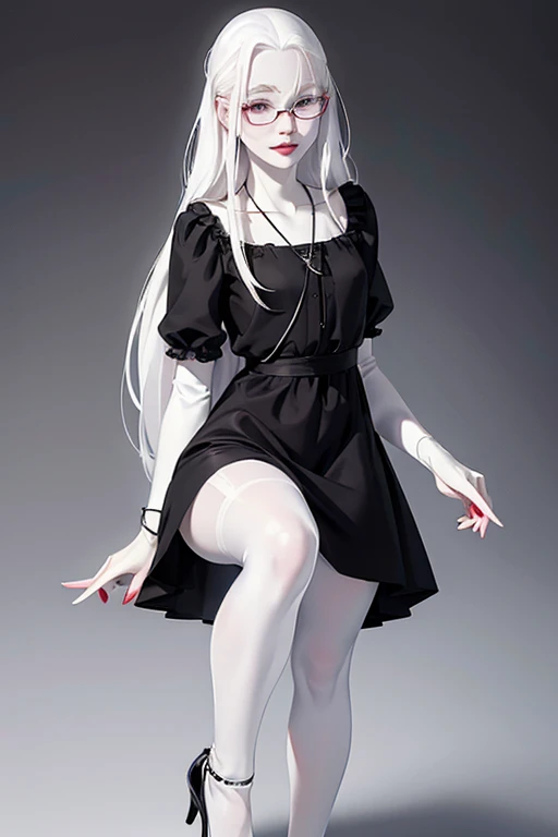 Cute 18 yo (albino:1.4)woman of Slavic descent.(short:1.1), , long white hair, gray eyes, ((very pale:1.4)). Innocent look. Gentle spirit.(virgin), Eyeglasses, (black  dress), necklace, ((black pantyhose)), (black high heels).(joy), red lipstick. smile.