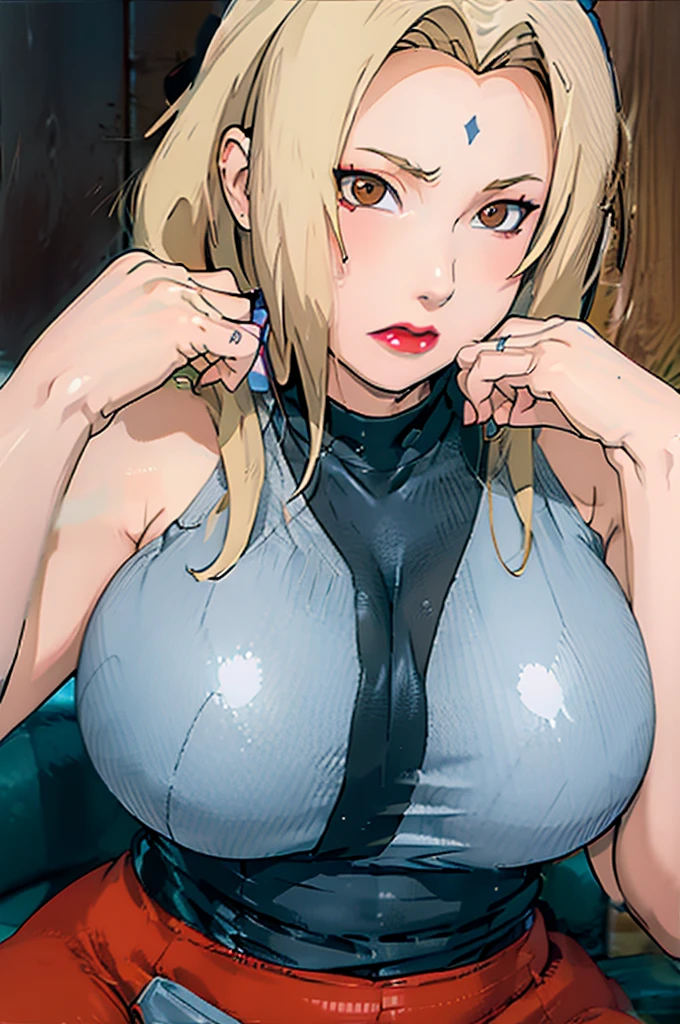 anatomical body, sexy fishnet bodysuit, silver hoops, thick thighs, curvy physique, wide hips and round ass, gigantic breasts larger than her head, blonde hair, perfect facial features, small waist, marked abdomen, Red lips, sweaty armpits, Matute. Milf, huge udders, woman full of milk