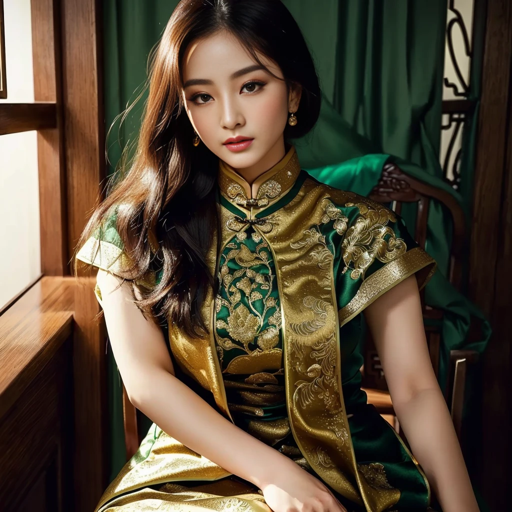 Aarav woman in dark green dress,  Good quality, expensive silk,) sitting on a chair, Cheongsam, Chinese dress, traditional chinese, Chinese style, traditional chinese clothing, Chinese woman, Chinese girl, Chinese dress, Wear beautiful clothes., with ancient Chinese aesthetics, with ancient Chinese clothes, Detailed dress and facial features, Wear a luxurious silk dress., elegant japanese woman, Wear gorgeous clothes., traditional beauty