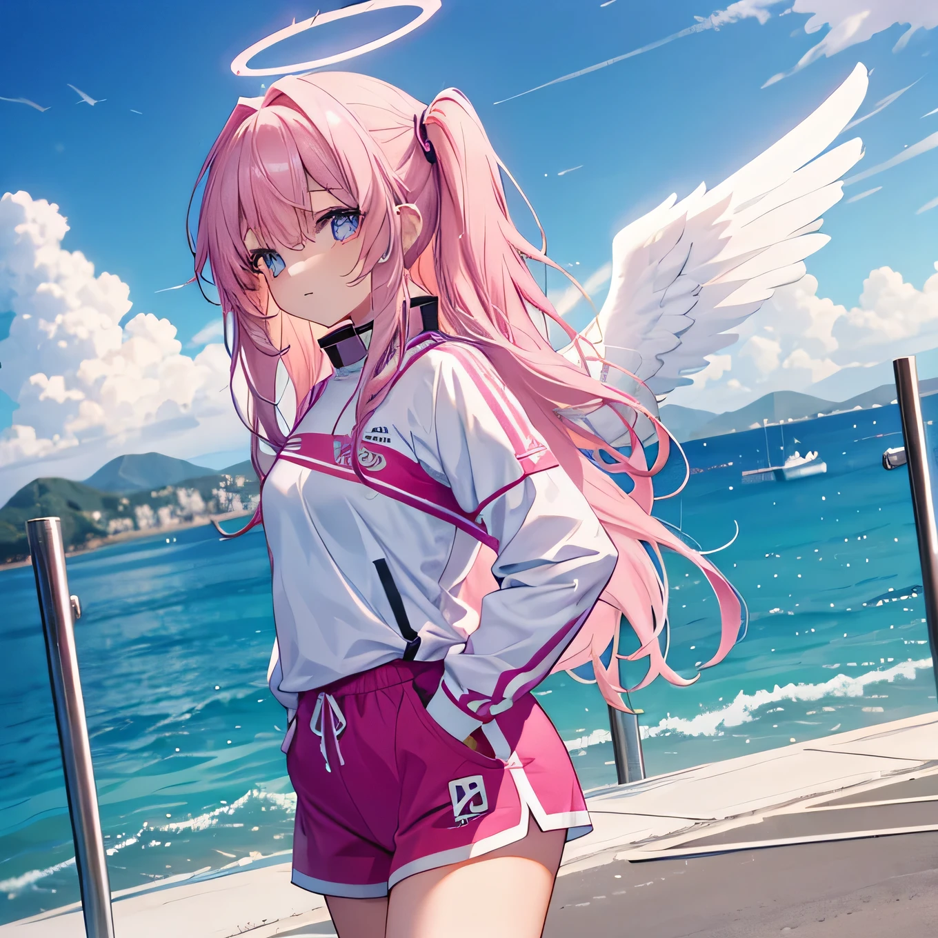 sixteen year old girl,Pink long hair,Sportswear,Halo,,Angel Wings,whole body