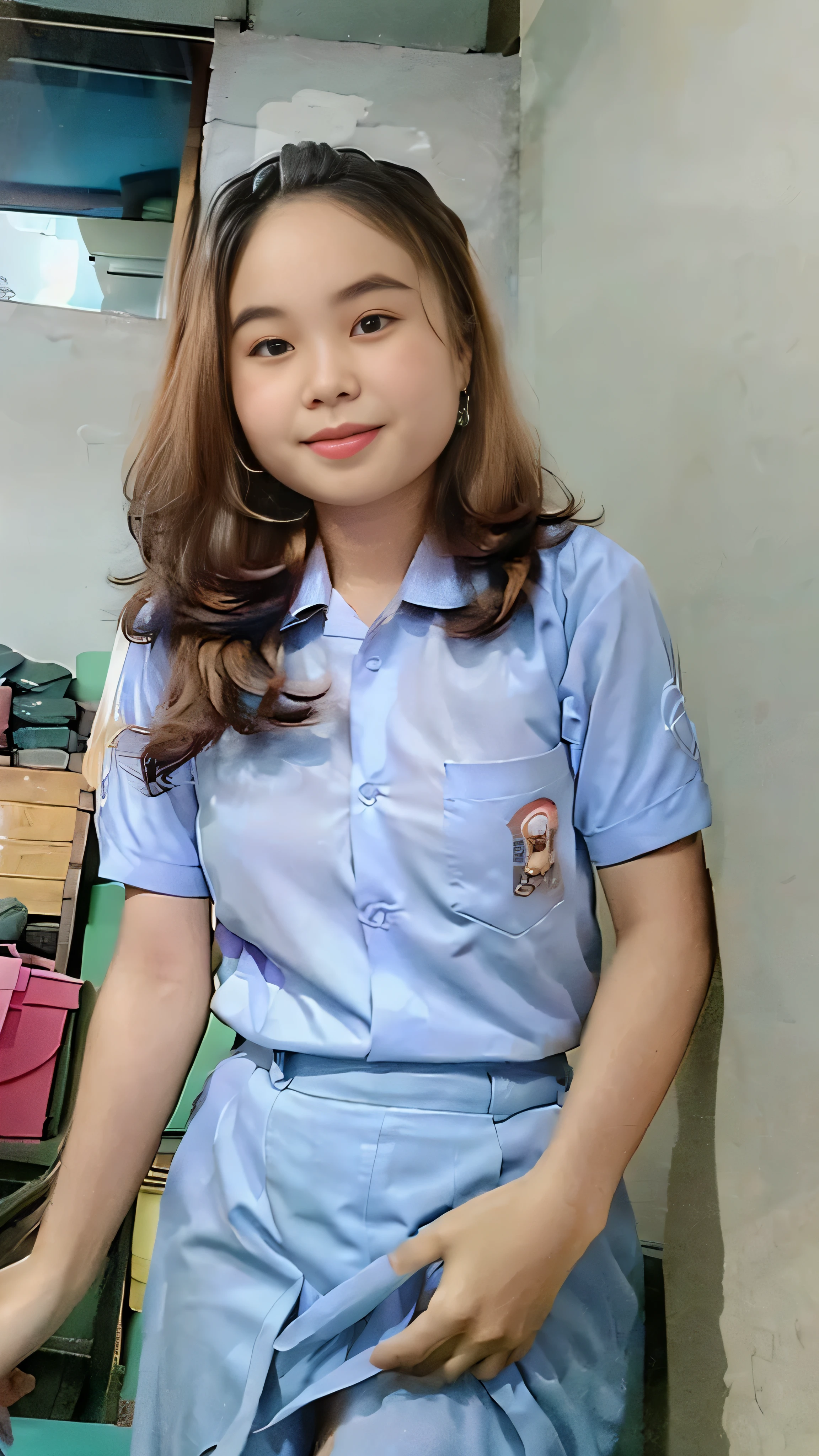 (8k, RAW photo, best quality, mastery:1.3), (realistic, photo-realistic:1.37), (looking viewer:1.331), posing Seductively, living room, soft light, 1girl, perfect body, beautiful thighs, extremely beautiful face , slim body, smaller chest, brunette hair, long hair, smile, white shirt, short sleeves, blue mini skirt