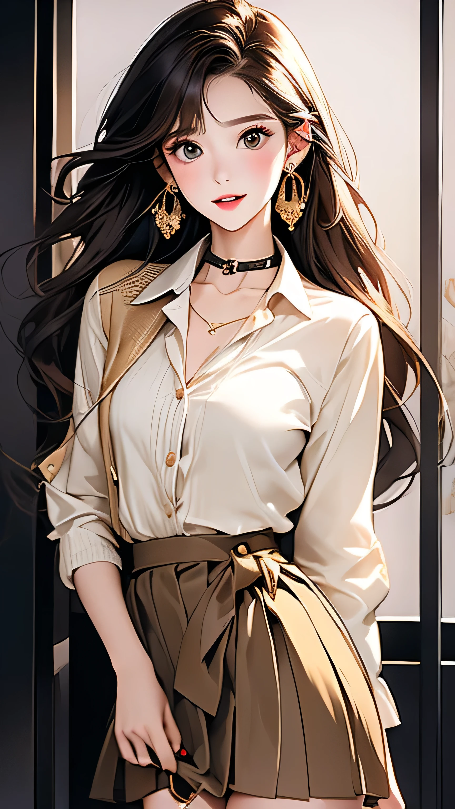 Open chest、cardigan、Laughter、room、8k、Delicate face、Detailed face、Simple Background,Long straight hair_Hair reaching down to the waist、gold necklace_Large earrings、White long sleeve button up blouse_With collar_Remove up to the second button_Brown pleated mini skirt、
