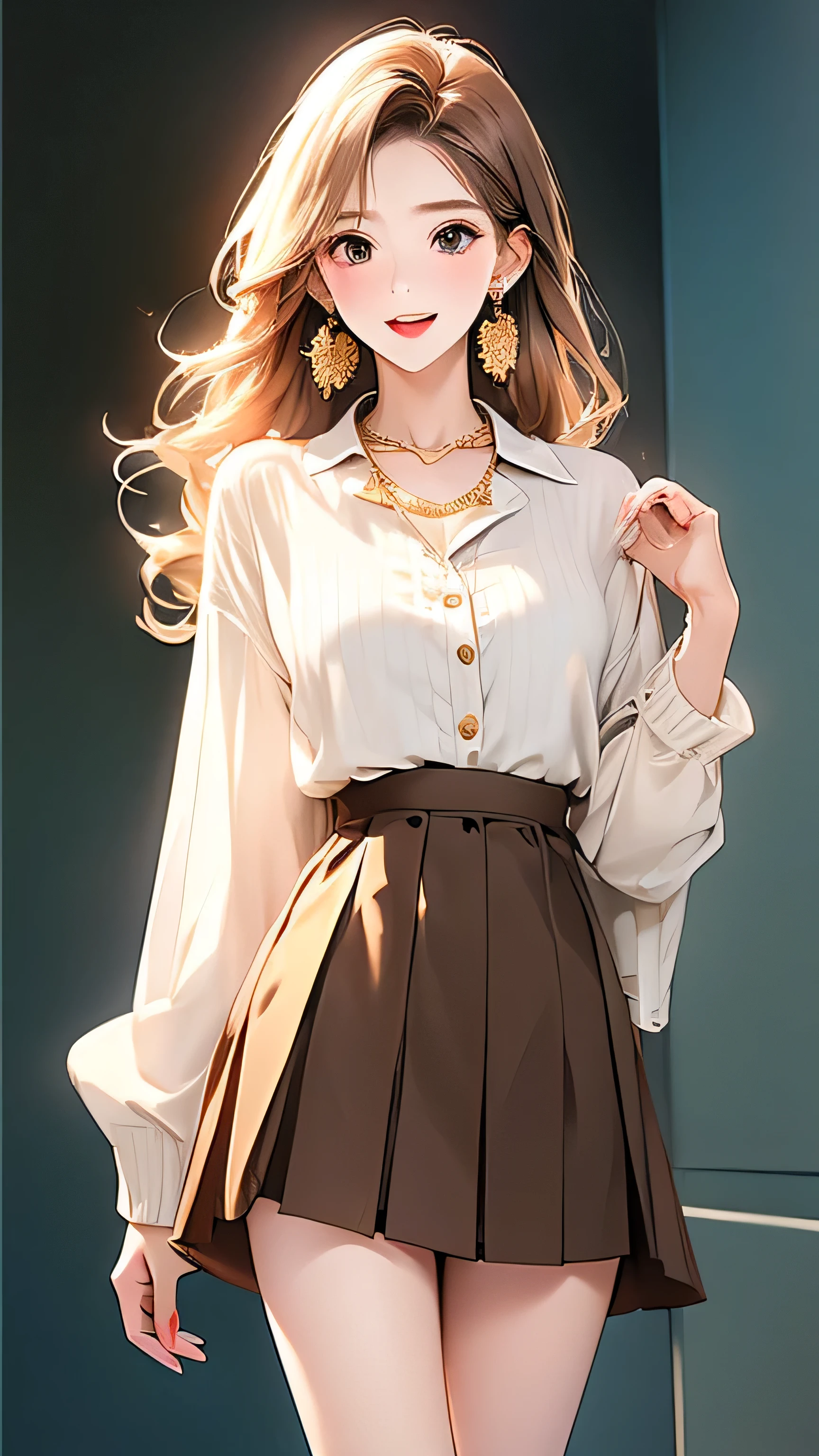 Open chest、cardigan、Laughter、room、8k、Delicate face、Detailed face、Simple Background,Long straight hair_Hair reaching down to the waist、gold necklace_Large earrings、White long sleeve button up blouse_With collar_Remove up to the second button_Brown pleated mini skirt、