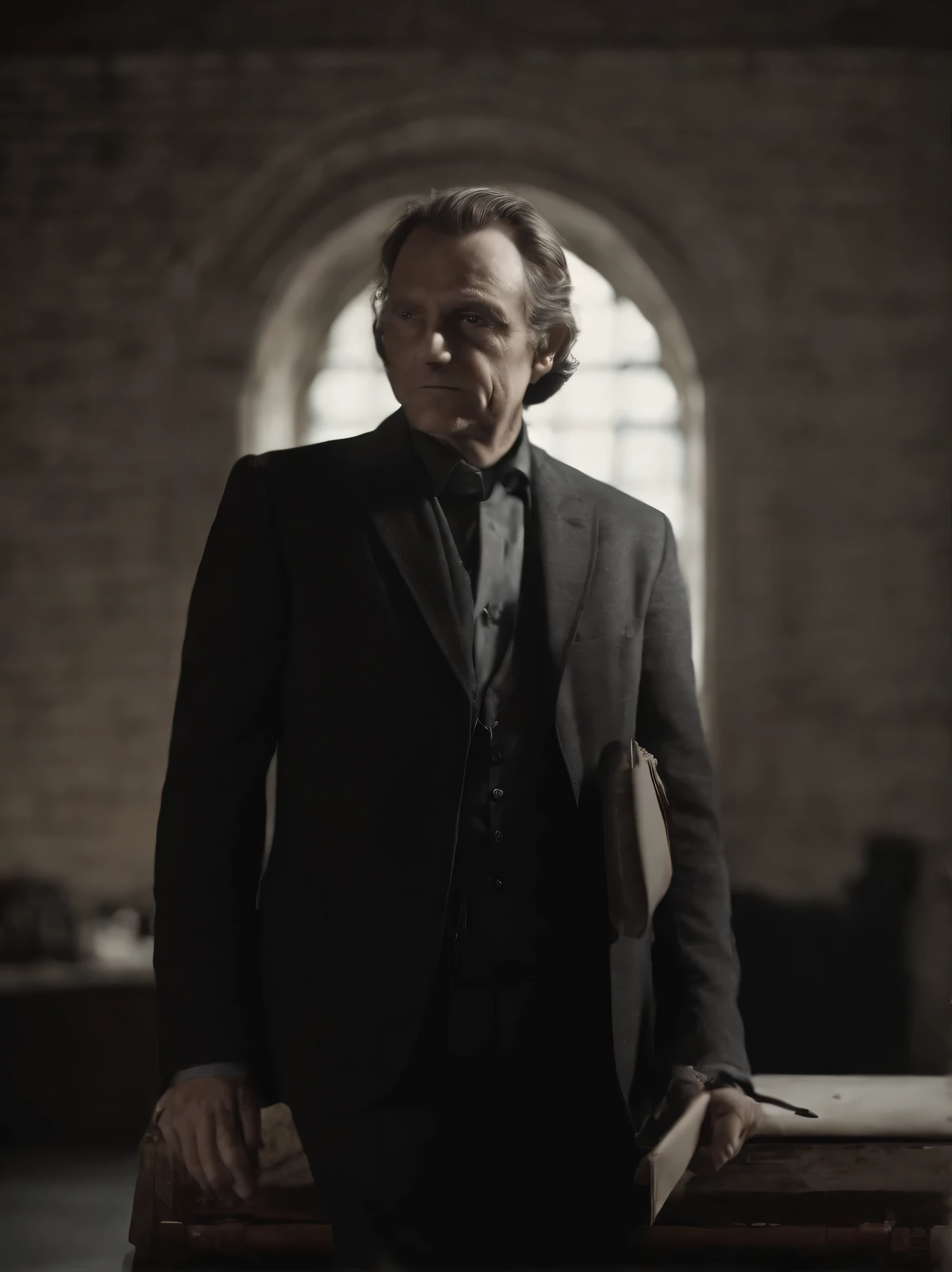 a person holding up their end of the bargain, detailed portrait, realistic, cinematic lighting, dramatic shadows, serious expression, determined face, focused gaze, business suit, professional attire, formal setting, indoor office environment, high quality, photorealistic, 8k