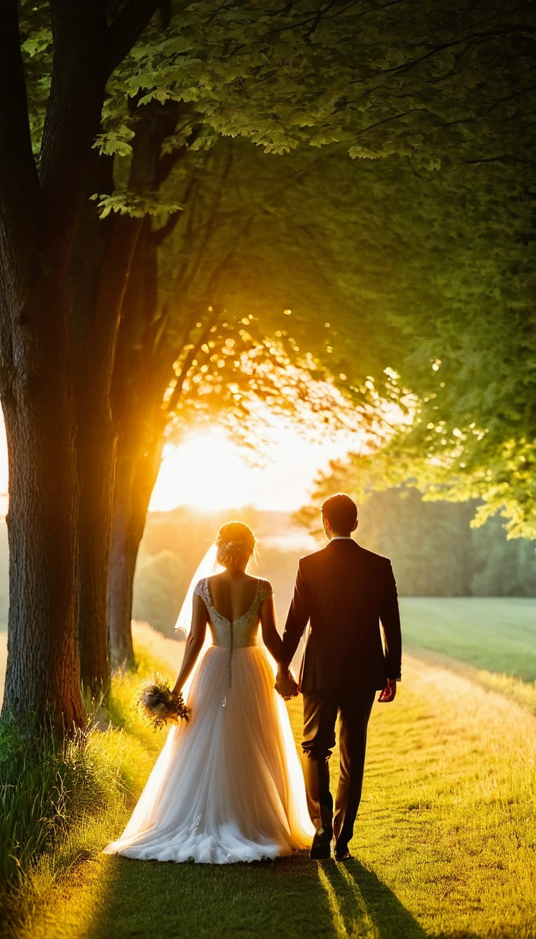 A bride and groom ring in the sunset together, hold hands. Eine Weitwinkelaufnahme zeigt das Paar von hinten. Die redaktionelle Aufnahme zeigt sie leicht unscharf vor dem Hintergrund eines hellen Lichts, Ruhiger Wald bei Sonnenuntergang. Bride and groom go to an open, along a tree-lined avenue. The bride holds a simple bouquet of flowers in her hand, welches durch das Licht des Sonnenaufgangs von der Seite hervorgehoben wird, Create a cinema atmosphere with beams of light. Das Bild ist mit sanften Farben koloriert, die an einen Bergger Pancro 400-Film erinnern, show a moment of happiness and anticipation. Erstellt mit: Filmischer Stil, Abendlicht, Natural environment, muted color gradation, Bergger Pancro 400 Filmmaterial, Scharfer Fokus auf Blumen, Szene am Abend, HD quality, natural looking