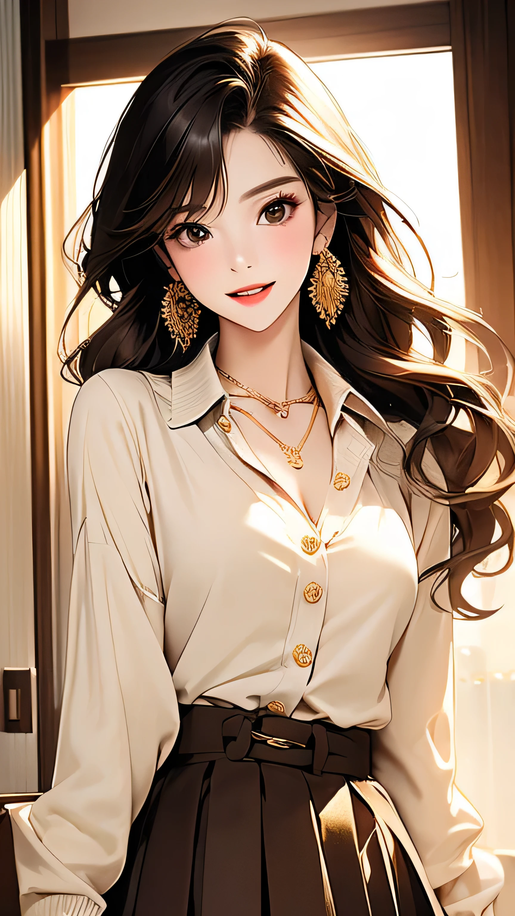 Open chest、cardigan、Laughter、room、8k、Delicate face、Detailed face、Simple Background,Long straight hair_Hair reaching down to the waist、gold necklace_Large earrings、White long sleeve button up blouse_With collar_Remove up to the second button_Brown pleated mini skirt、