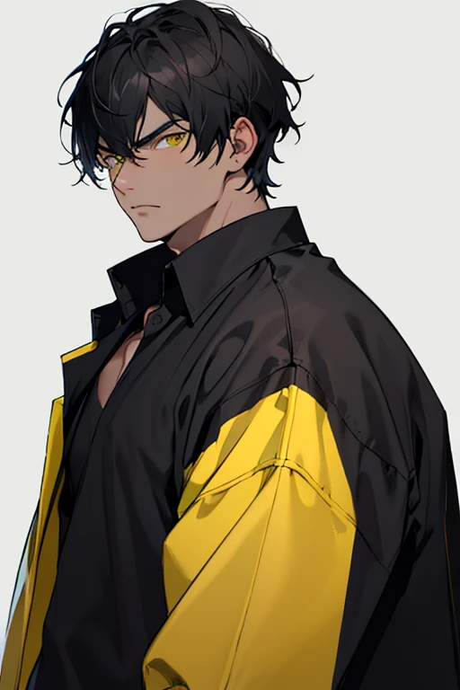 Make ONLY ONE 18 year old boy with a serious face and slightly wider chin with black hair with DARK RED SKIN COLOR wearing a simple black shirt green and yellow eyes and A BLACK CLOTHING